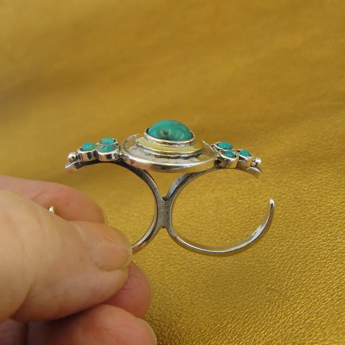 Turquoise 2 Finger Ring 9k Gold 925 Silver  sz 6,5.7, 7.5 Hadar Designers  ()SALE
