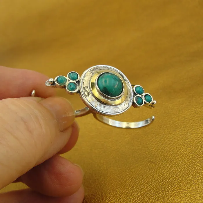 Turquoise 2 Finger Ring 9k Gold 925 Silver  sz 6,5.7, 7.5 Hadar Designers  ()SALE