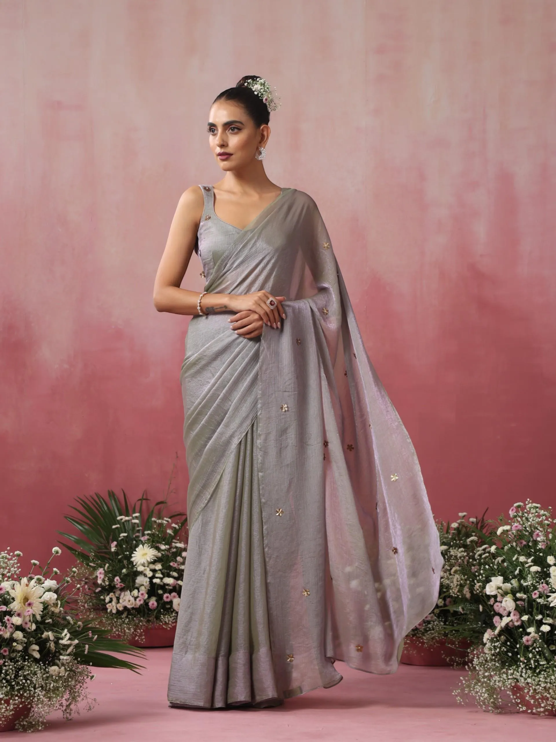 Twilight Lilac Green Metallic Satin Saree with Gold Flowers and Blouse Fabric