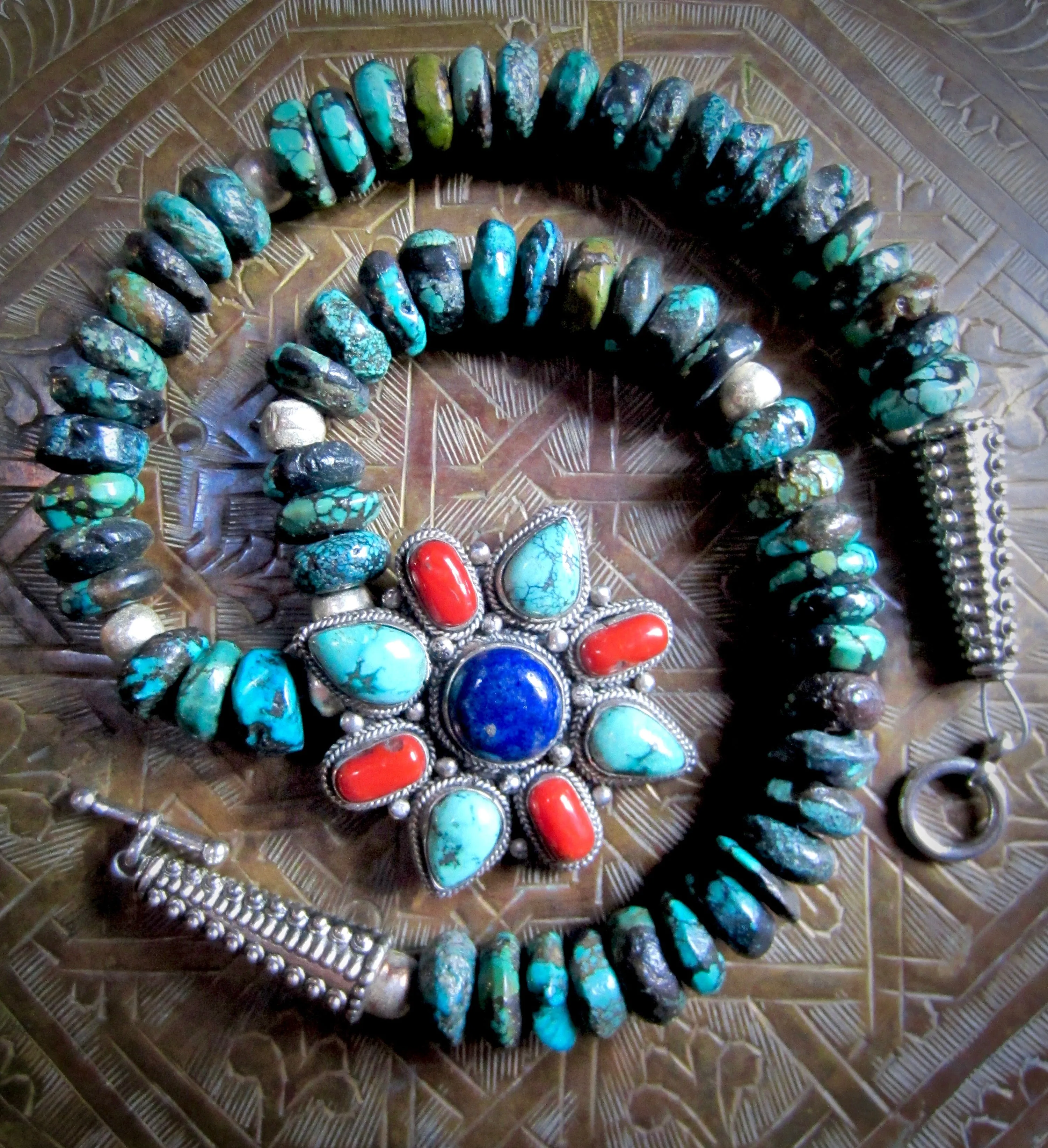 Unique Turquoise Necklace with Vintage Himalayan Multi-Gem Pendant
