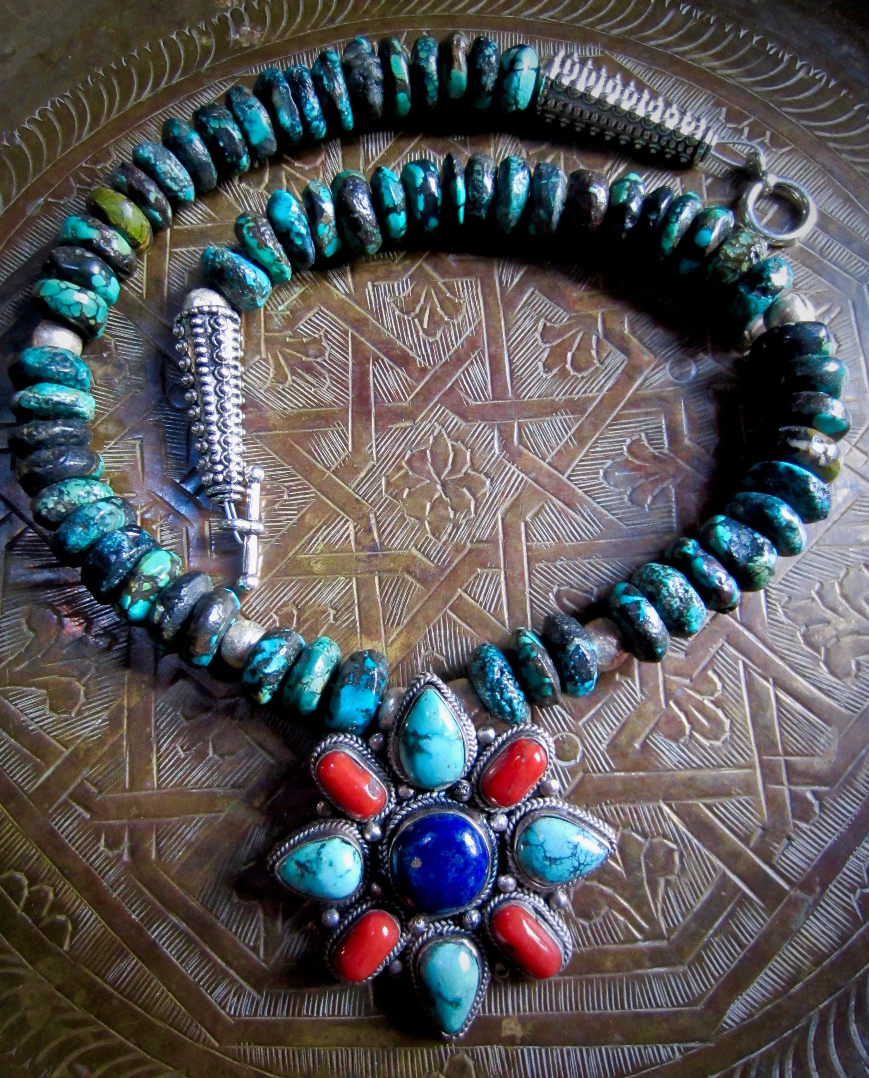 Unique Turquoise Necklace with Vintage Himalayan Multi-Gem Pendant
