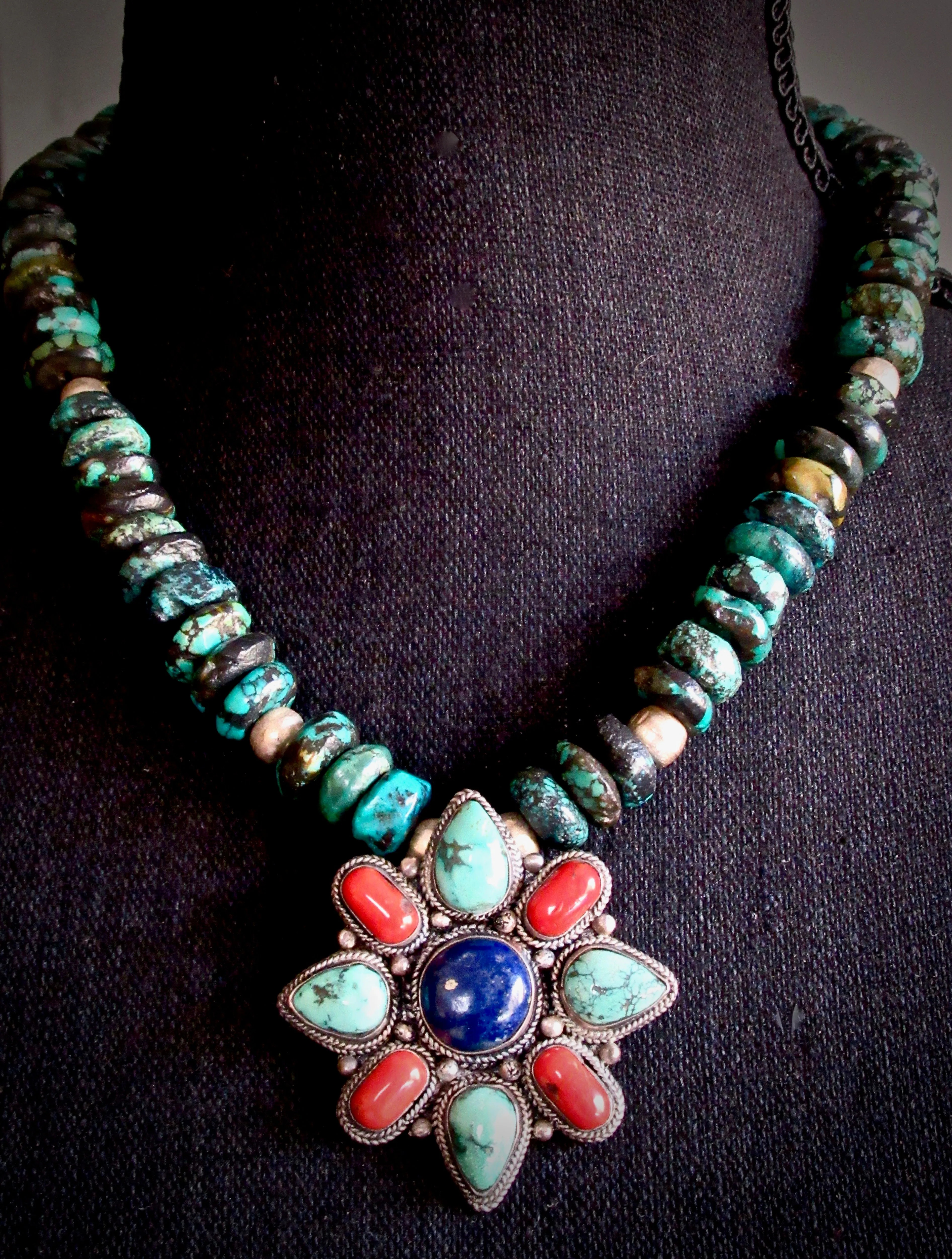 Unique Turquoise Necklace with Vintage Himalayan Multi-Gem Pendant