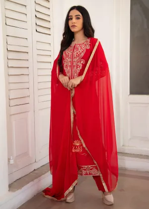 Vermilion Red Vine Adorned Suit-Set of 3