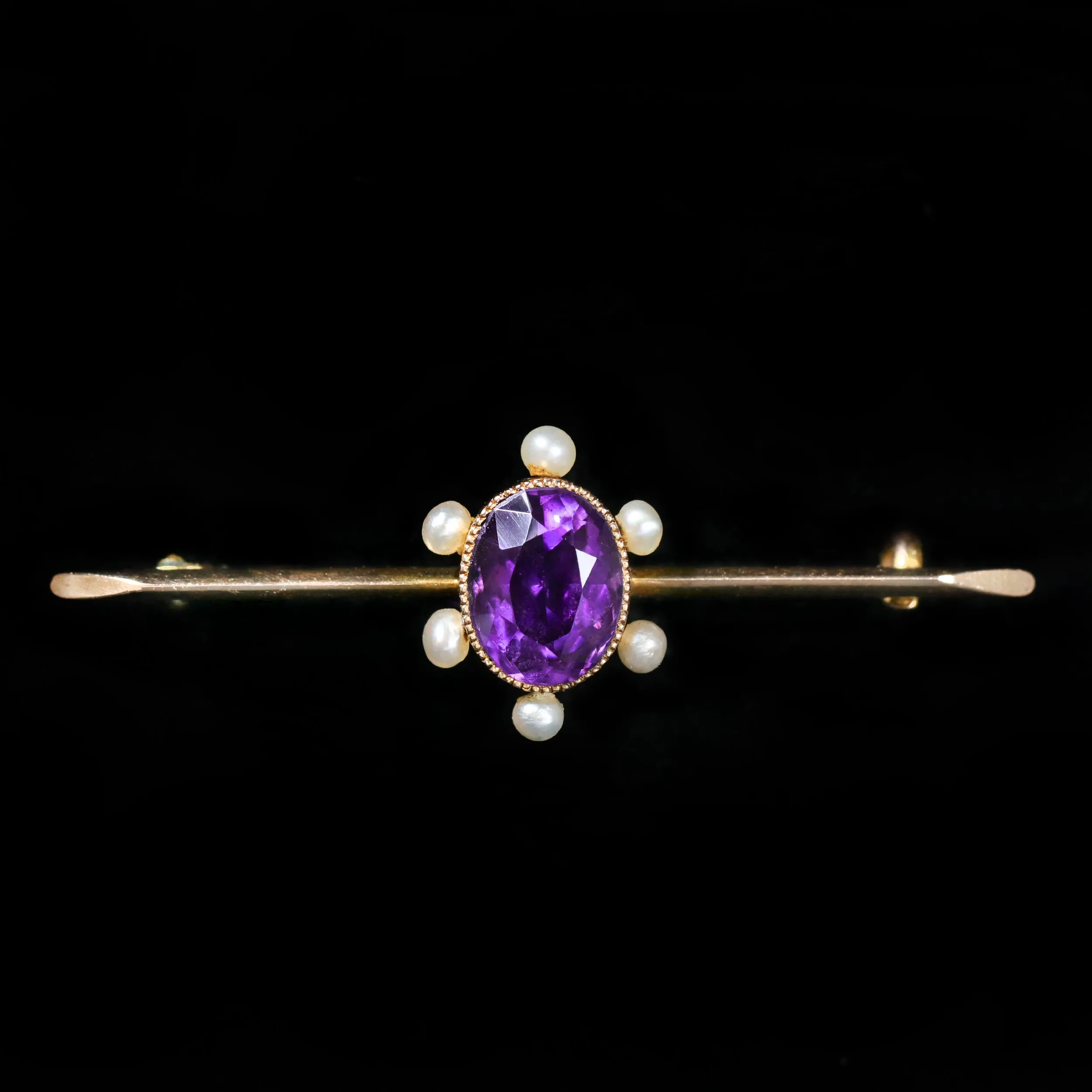 Victorian 15K Yellow Gold Amethyst and Pearl Bar Pin