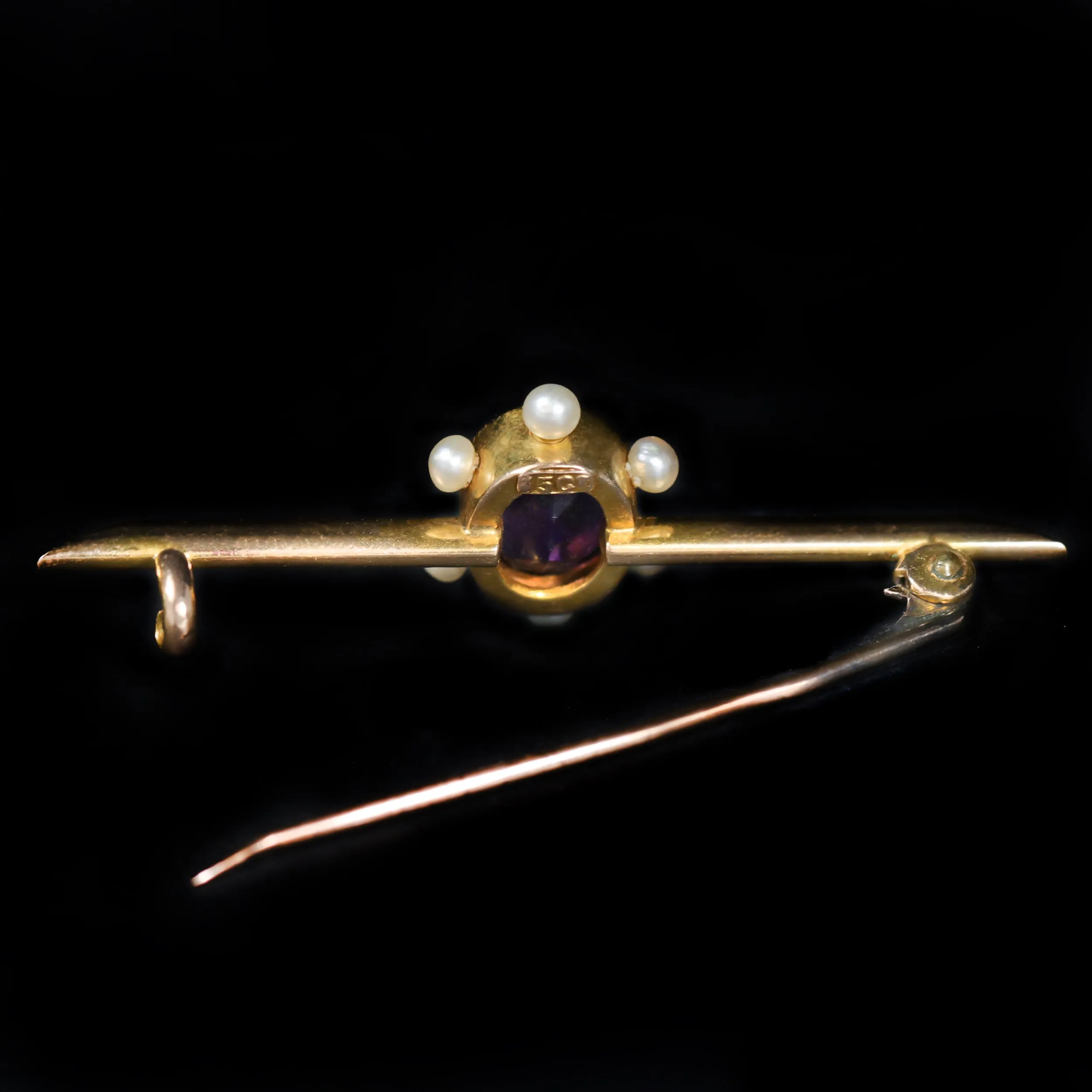 Victorian 15K Yellow Gold Amethyst and Pearl Bar Pin