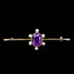 Victorian 15K Yellow Gold Amethyst and Pearl Bar Pin