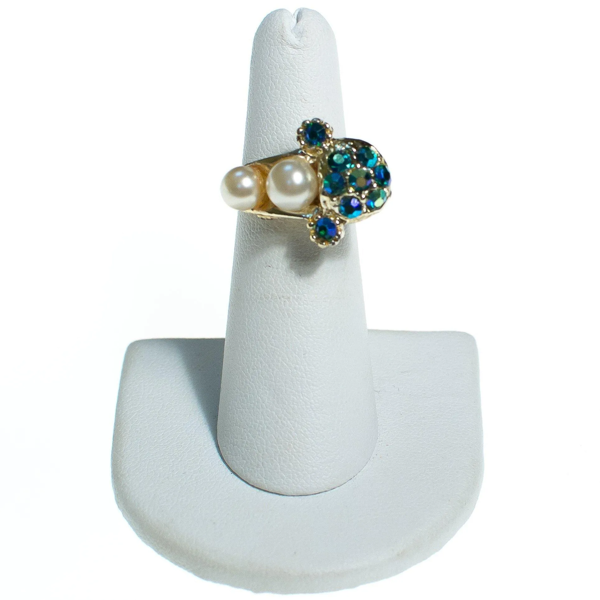 Vintage 1960s Faux Pearl and Green Blue Iridescent Aurora Borealis Adjustable Cocktail Statement Ring