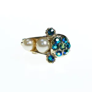 Vintage 1960s Faux Pearl and Green Blue Iridescent Aurora Borealis Adjustable Cocktail Statement Ring