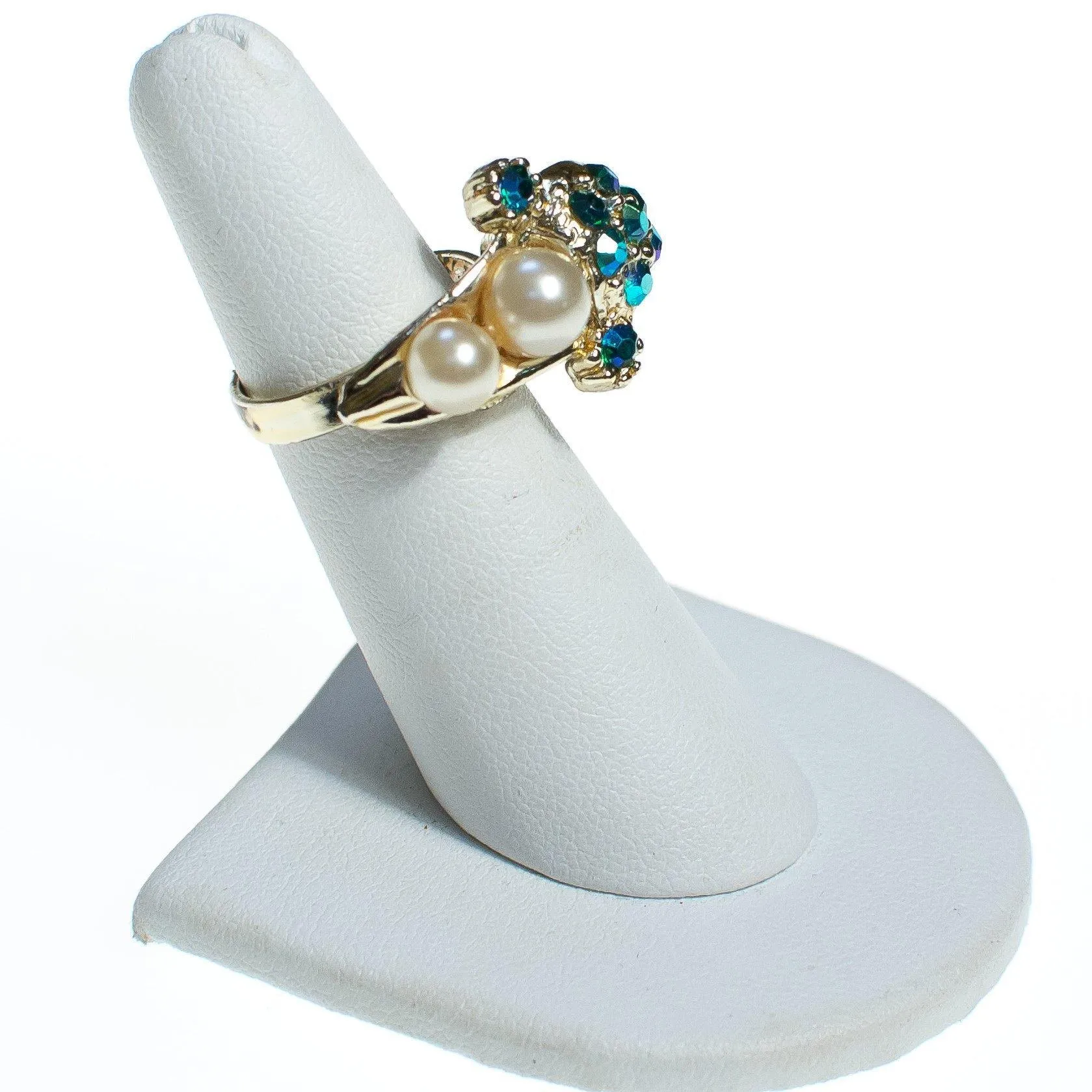 Vintage 1960s Faux Pearl and Green Blue Iridescent Aurora Borealis Adjustable Cocktail Statement Ring