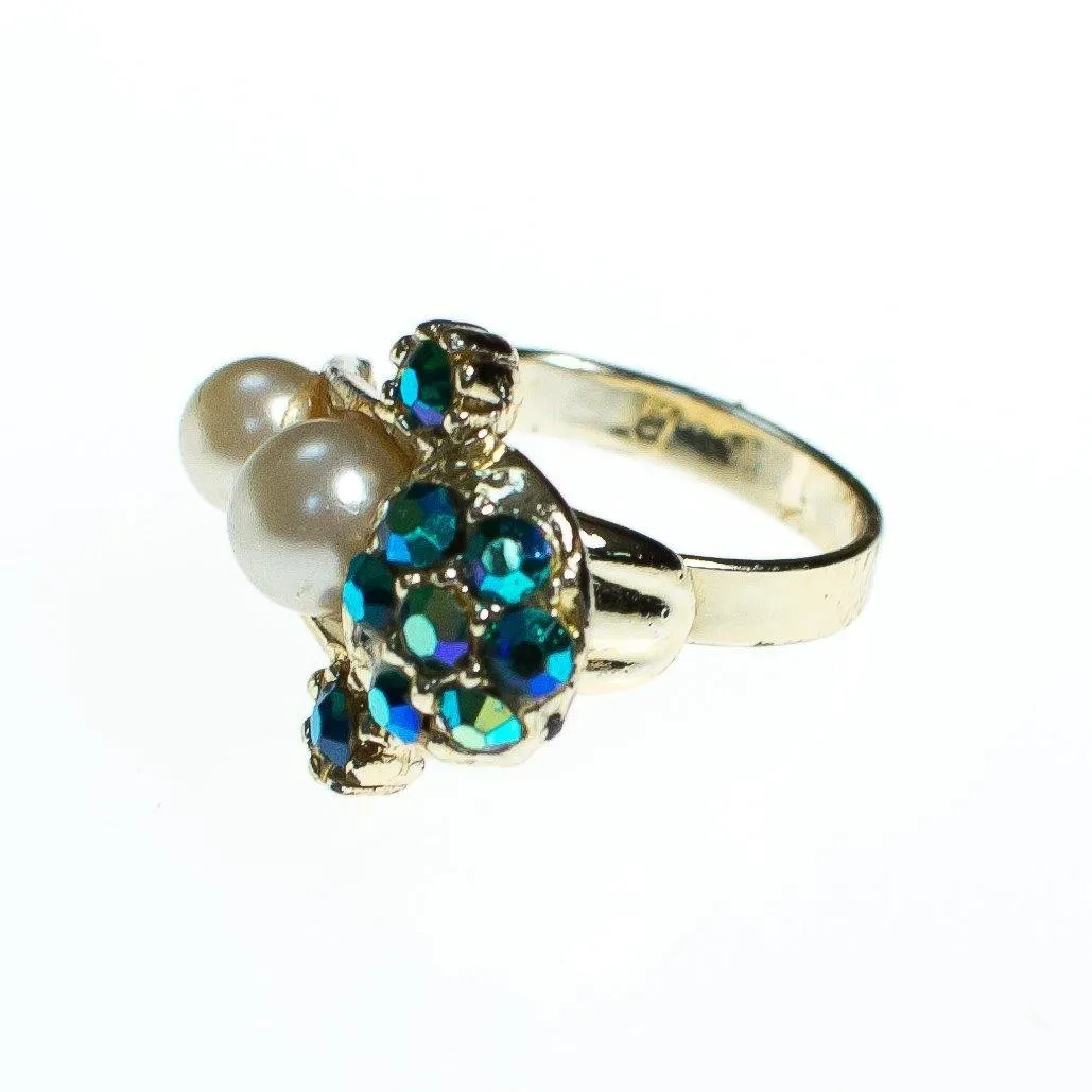 Vintage 1960s Faux Pearl and Green Blue Iridescent Aurora Borealis Adjustable Cocktail Statement Ring