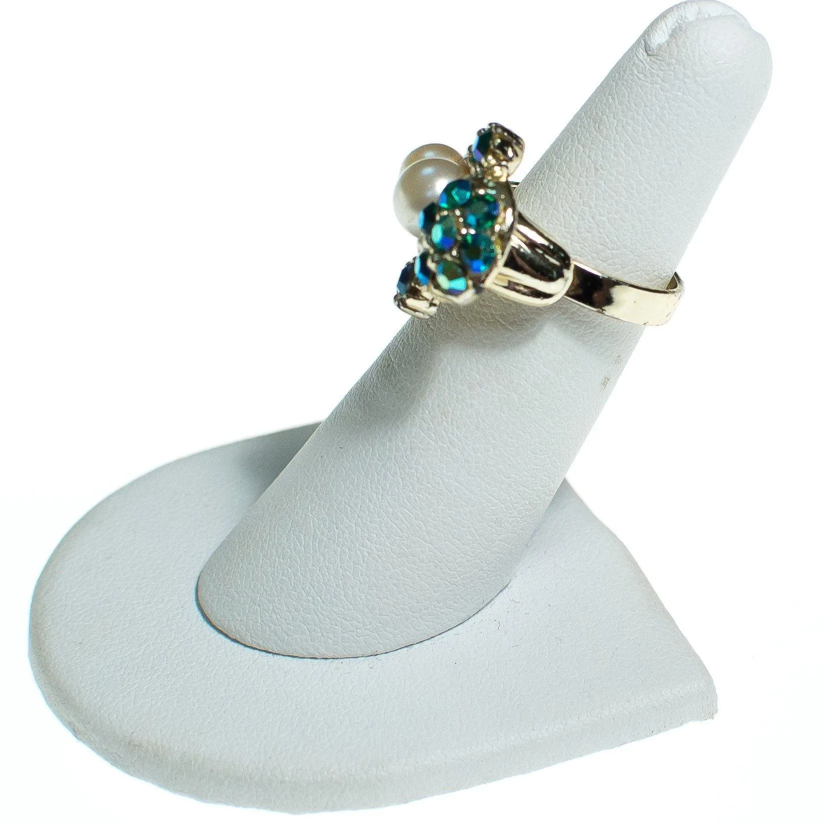 Vintage 1960s Faux Pearl and Green Blue Iridescent Aurora Borealis Adjustable Cocktail Statement Ring