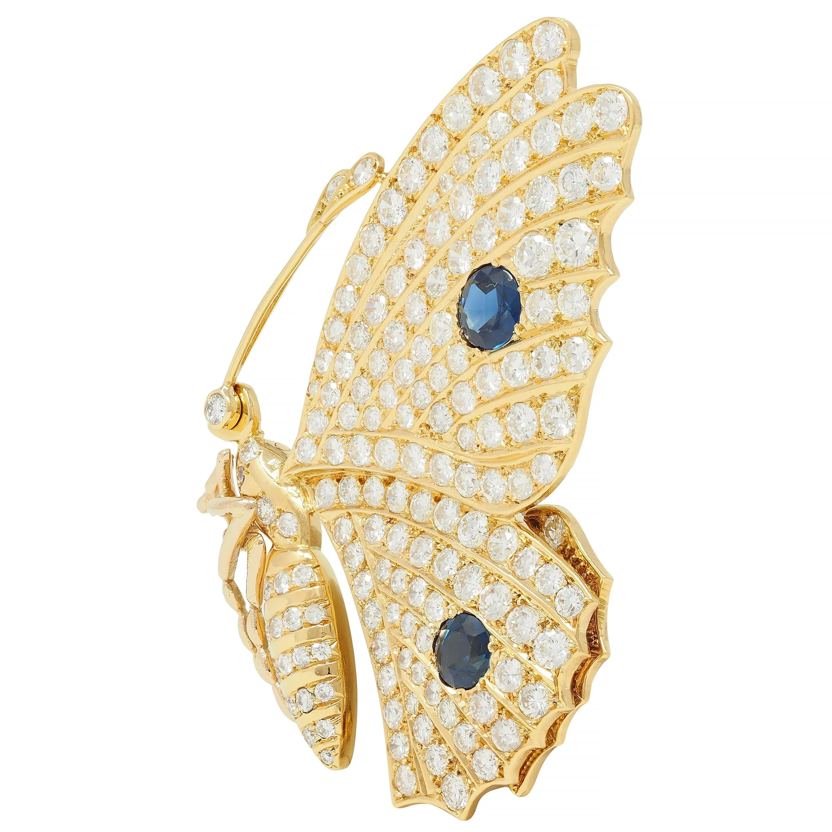 Vintage 6.50 CTW Sapphire Diamond 18 Karat Yellow Gold Butterfly Brooch