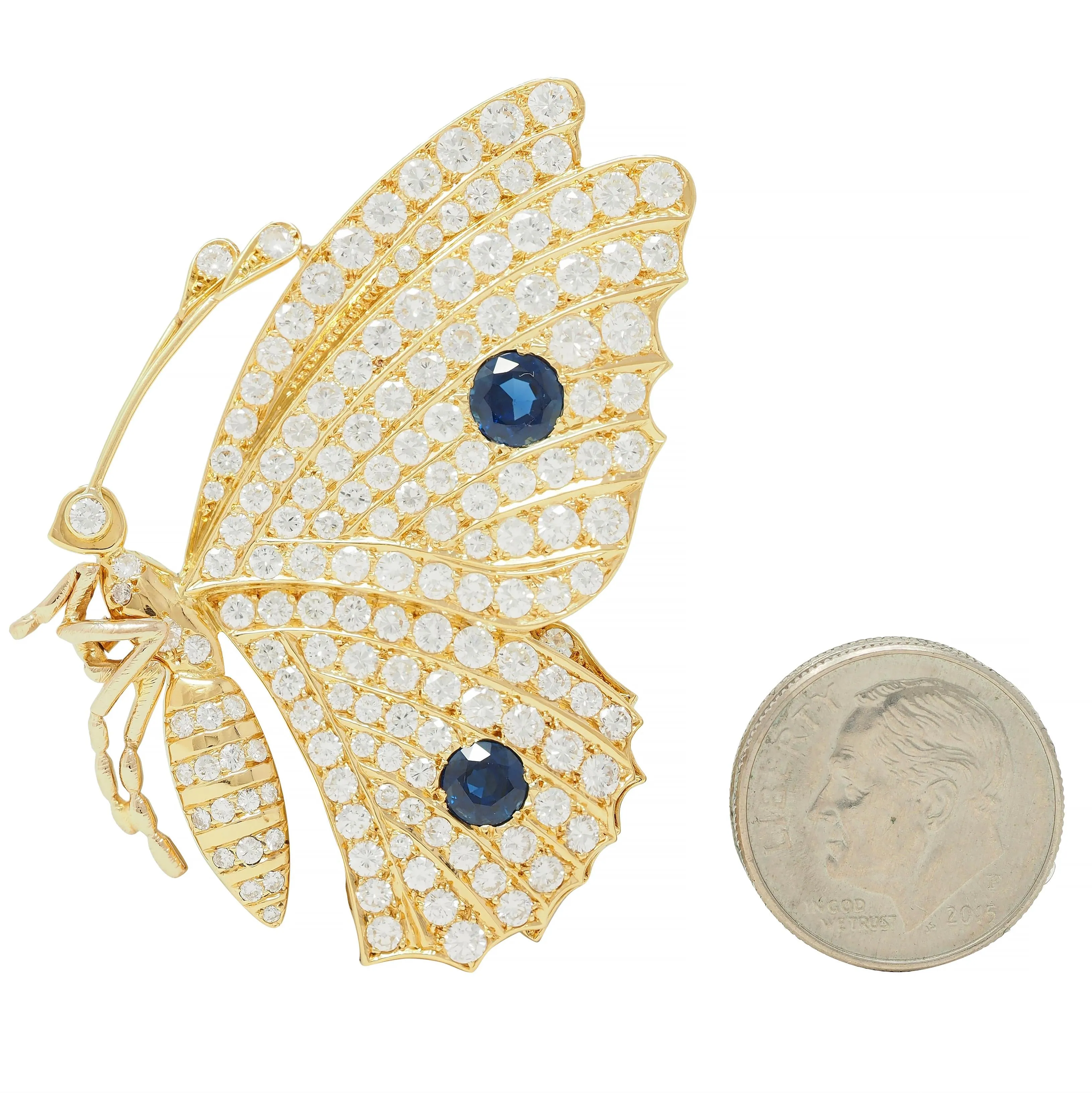 Vintage 6.50 CTW Sapphire Diamond 18 Karat Yellow Gold Butterfly Brooch