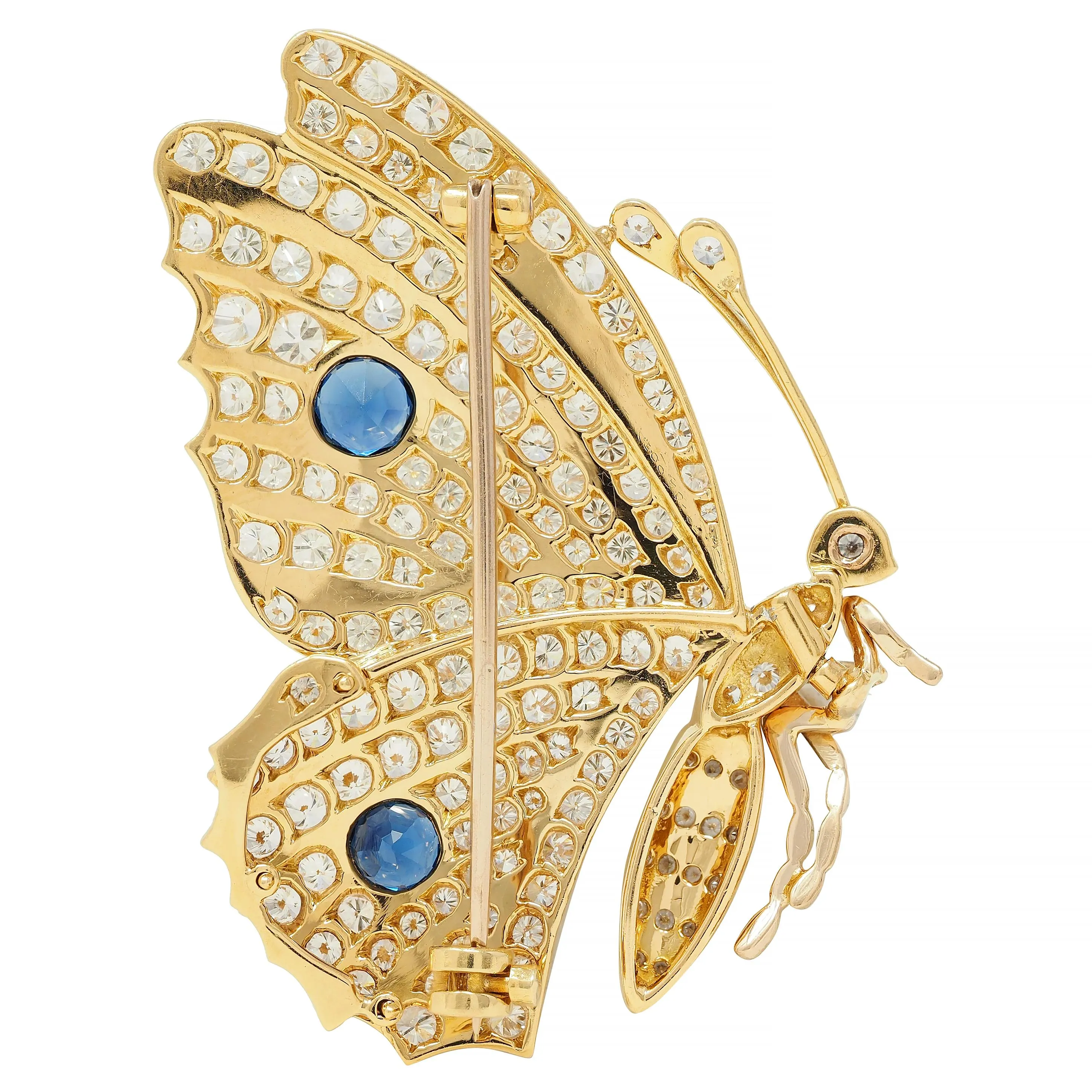 Vintage 6.50 CTW Sapphire Diamond 18 Karat Yellow Gold Butterfly Brooch