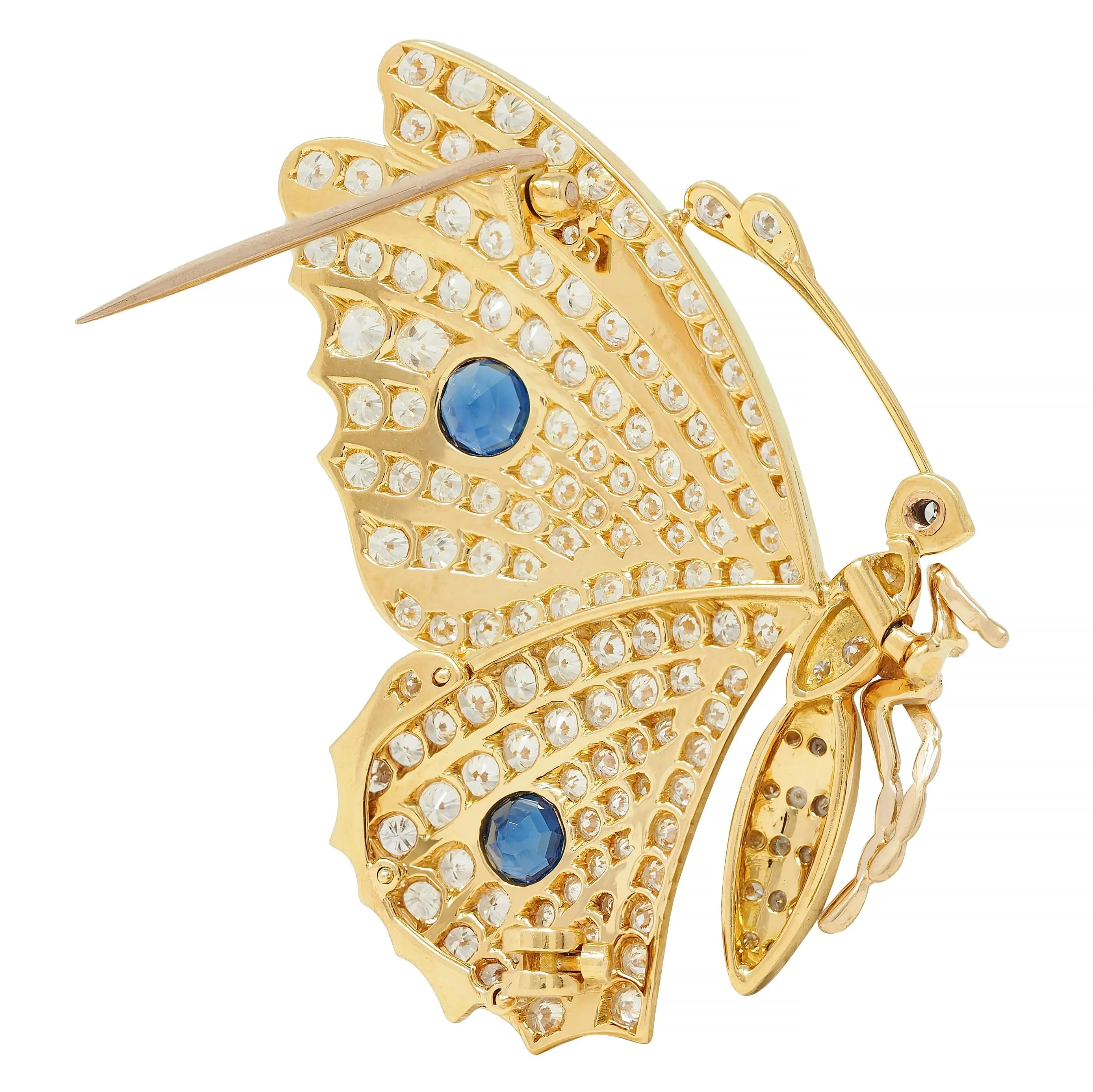 Vintage 6.50 CTW Sapphire Diamond 18 Karat Yellow Gold Butterfly Brooch