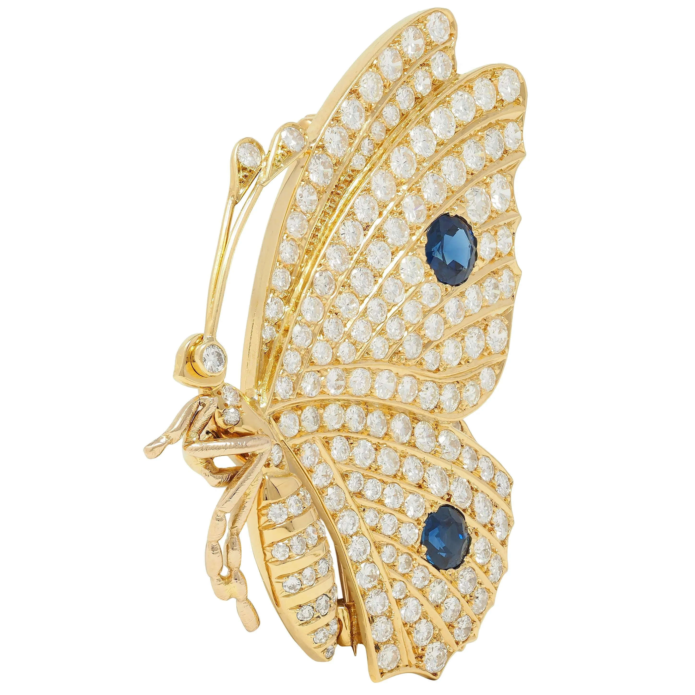 Vintage 6.50 CTW Sapphire Diamond 18 Karat Yellow Gold Butterfly Brooch