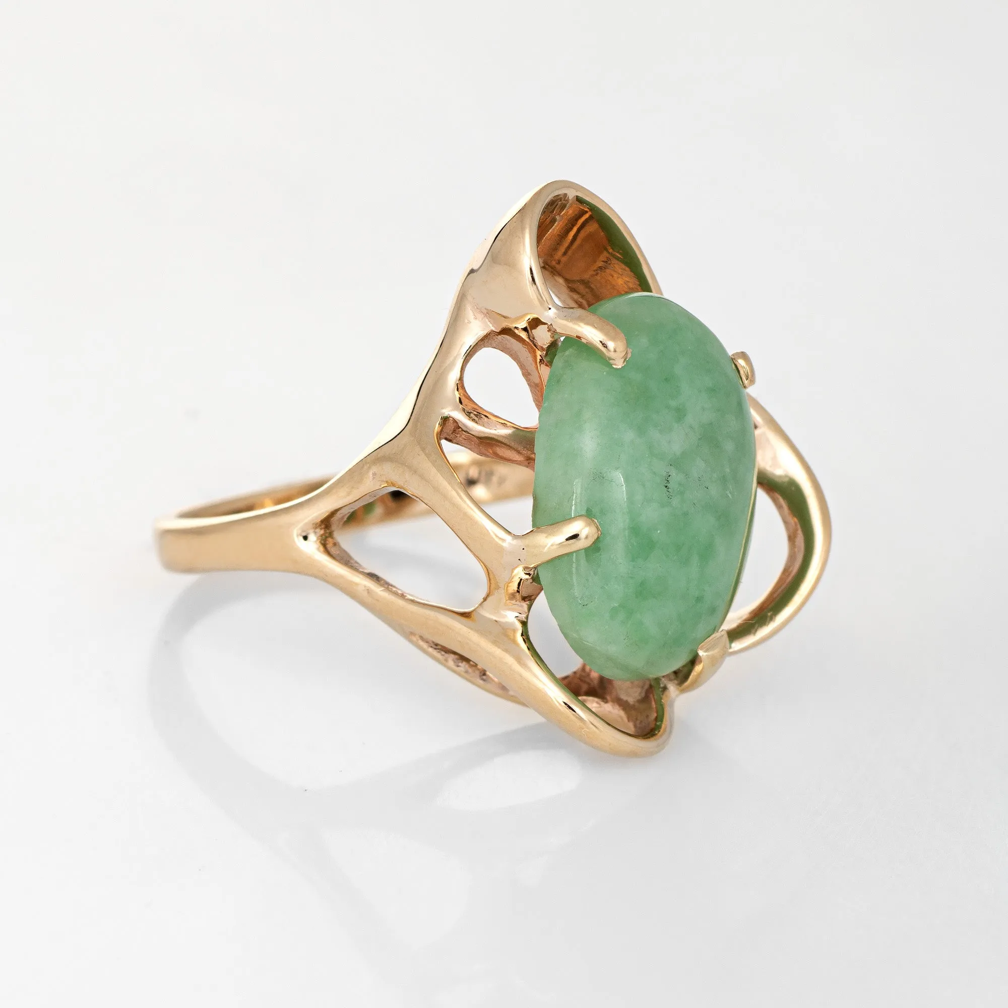 Vintage 70s Jade Ring 14k Yellow Gold Abstract Design Estate Fine Jewelry 6.5