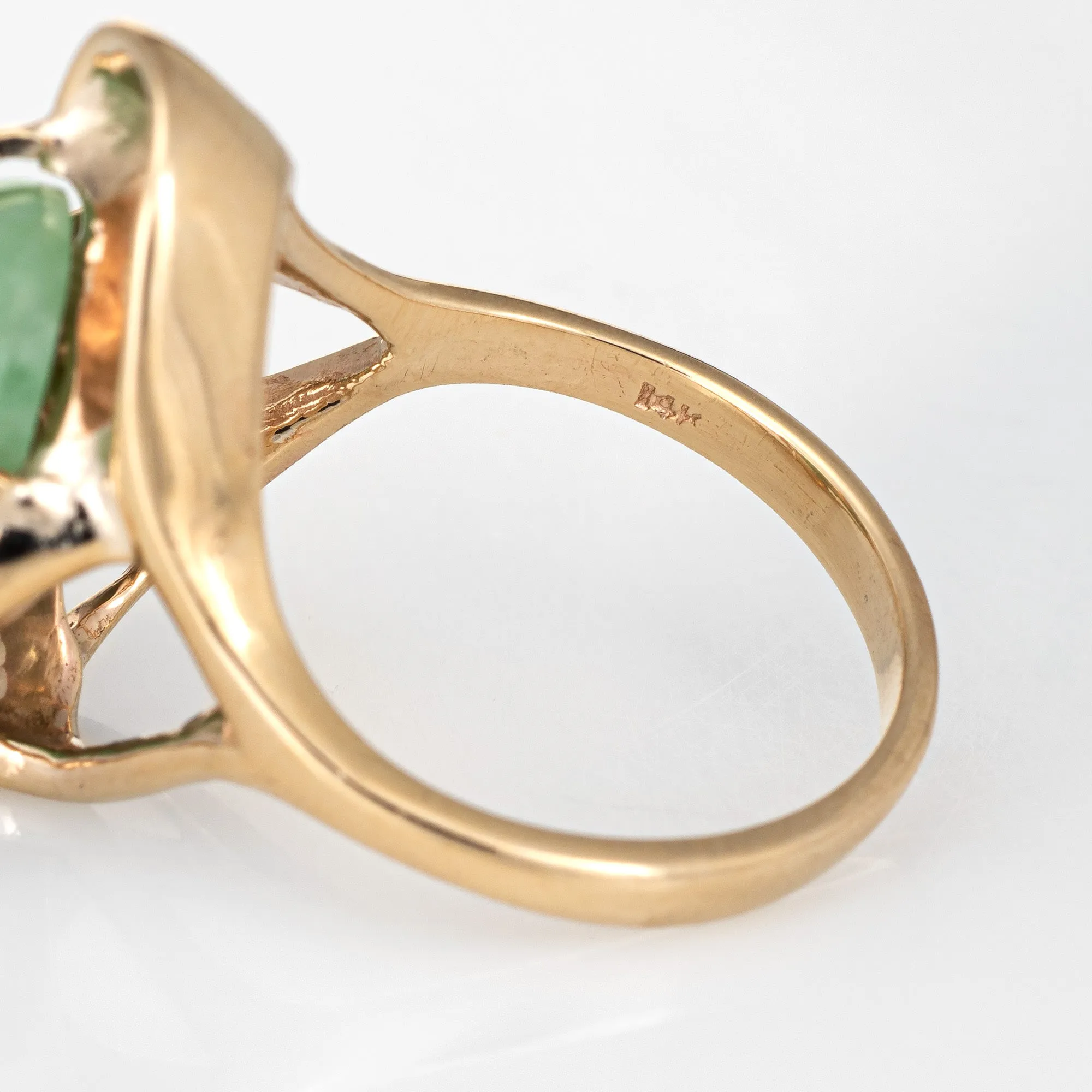 Vintage 70s Jade Ring 14k Yellow Gold Abstract Design Estate Fine Jewelry 6.5