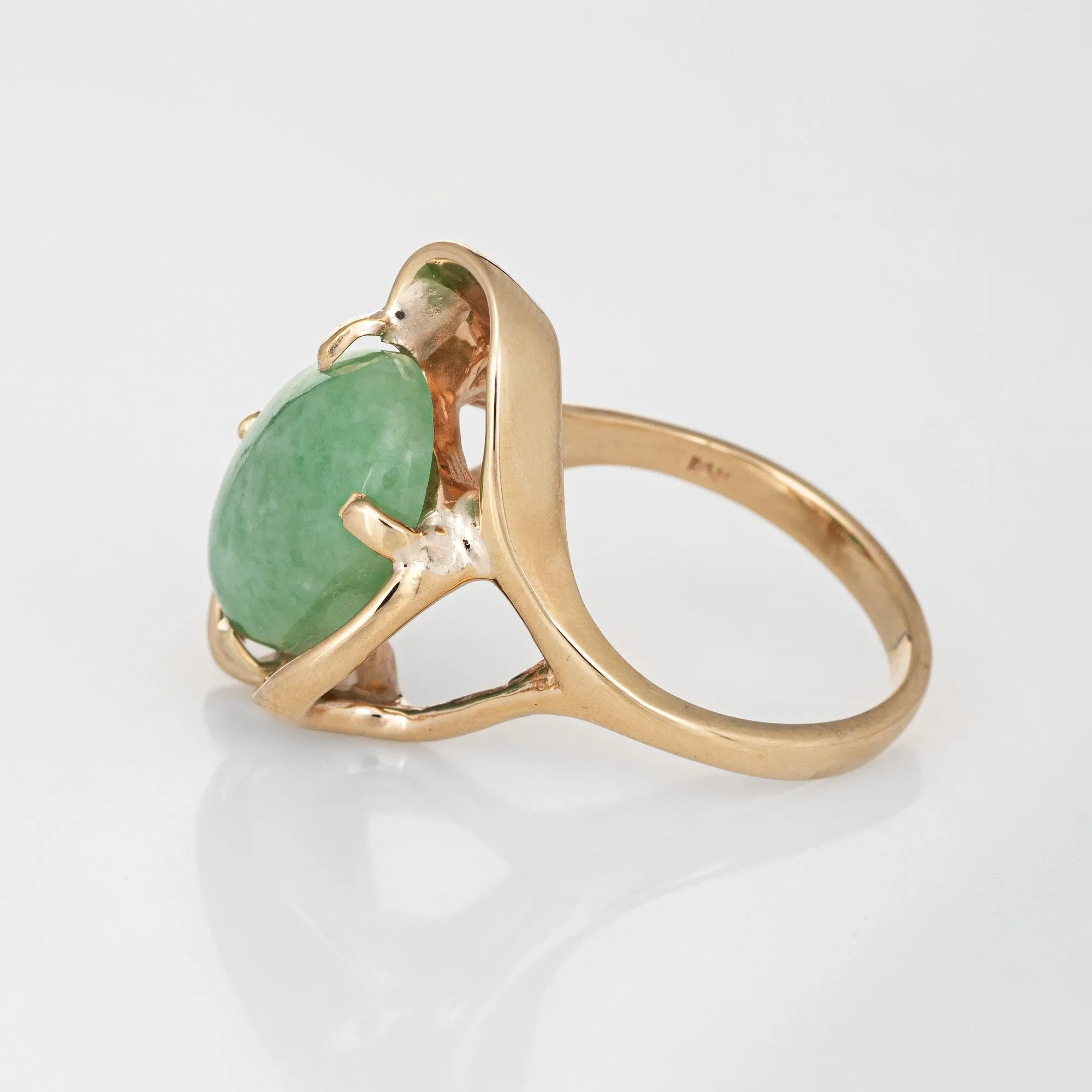 Vintage 70s Jade Ring 14k Yellow Gold Abstract Design Estate Fine Jewelry 6.5