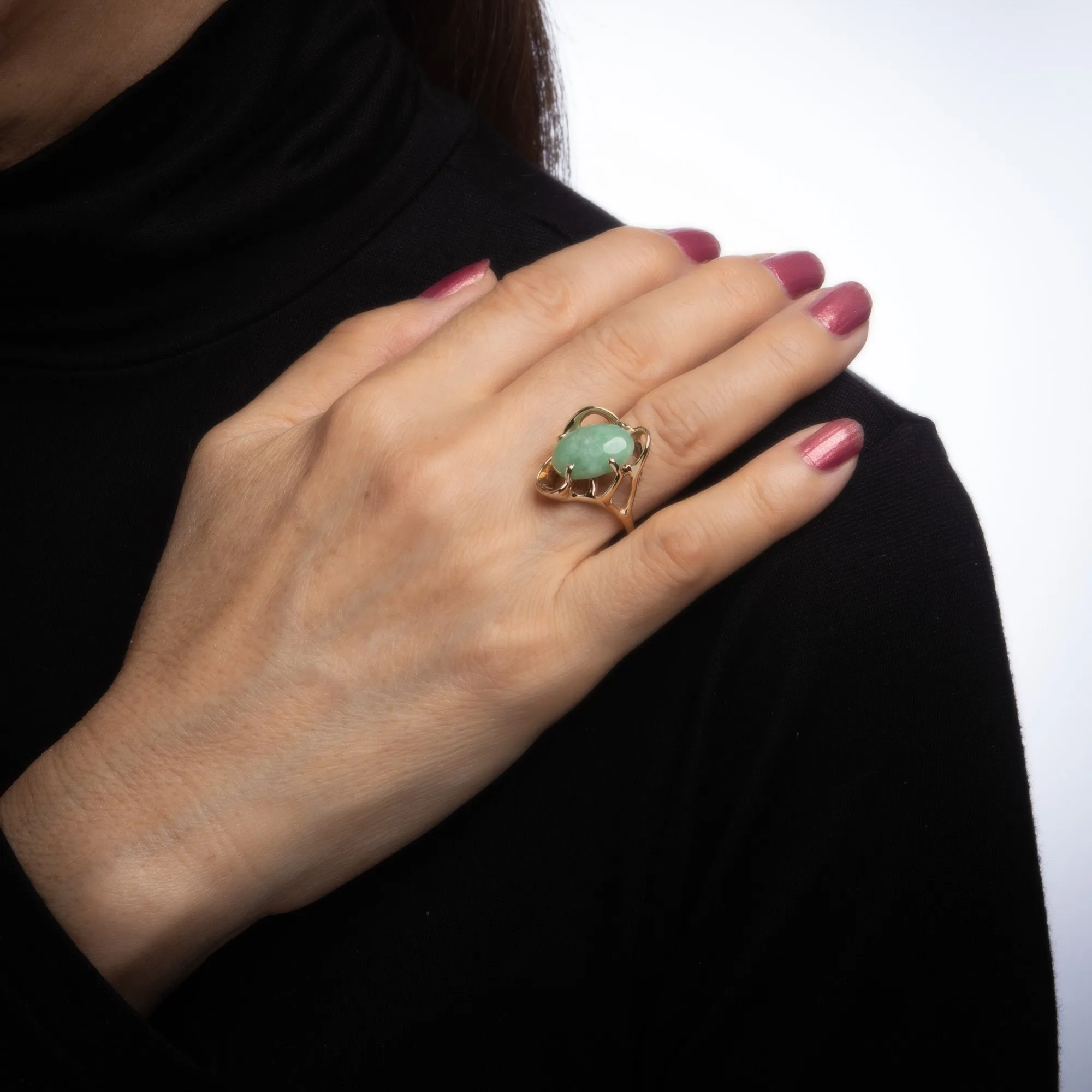 Vintage 70s Jade Ring 14k Yellow Gold Abstract Design Estate Fine Jewelry 6.5