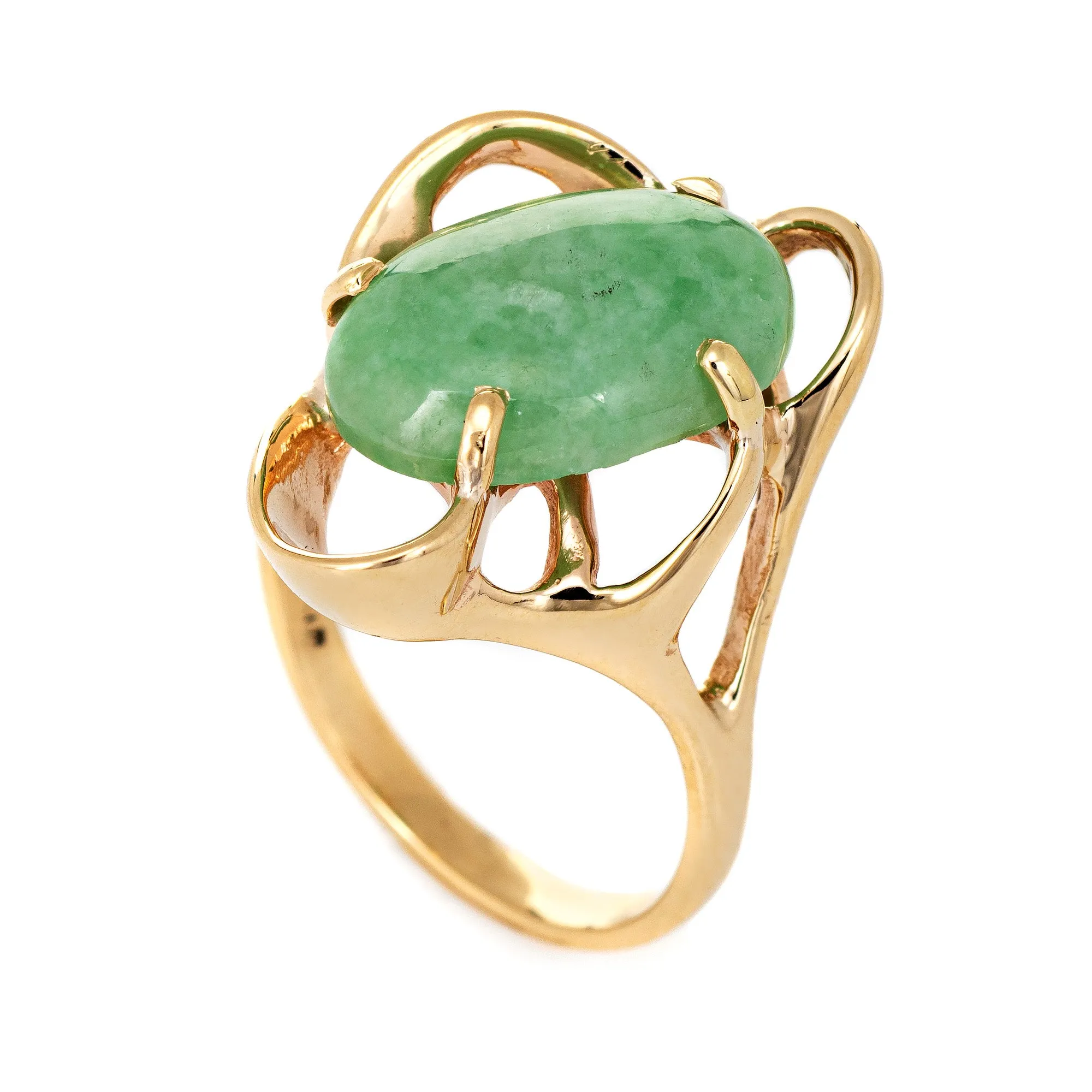 Vintage 70s Jade Ring 14k Yellow Gold Abstract Design Estate Fine Jewelry 6.5