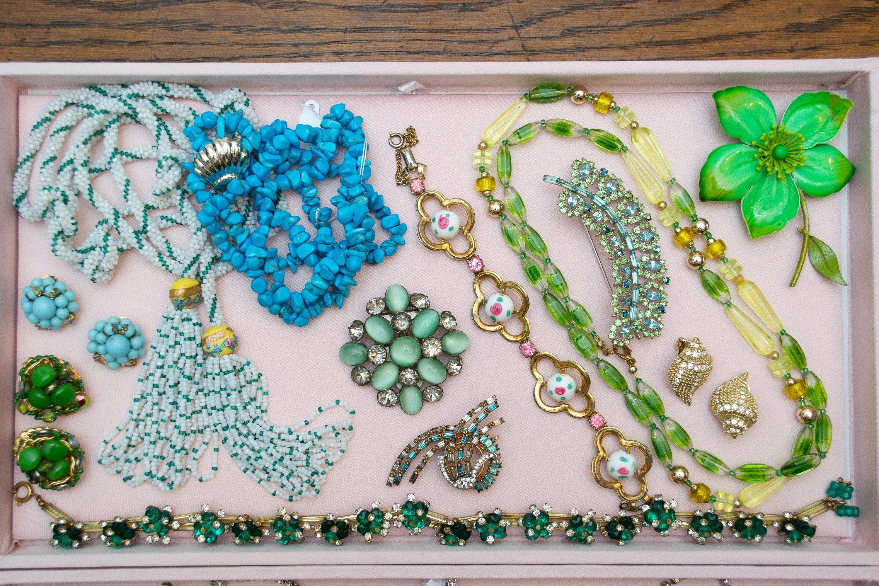 Vintage Rhinestone Brooch, Pastel Blue and Green Rhinestones, Pin