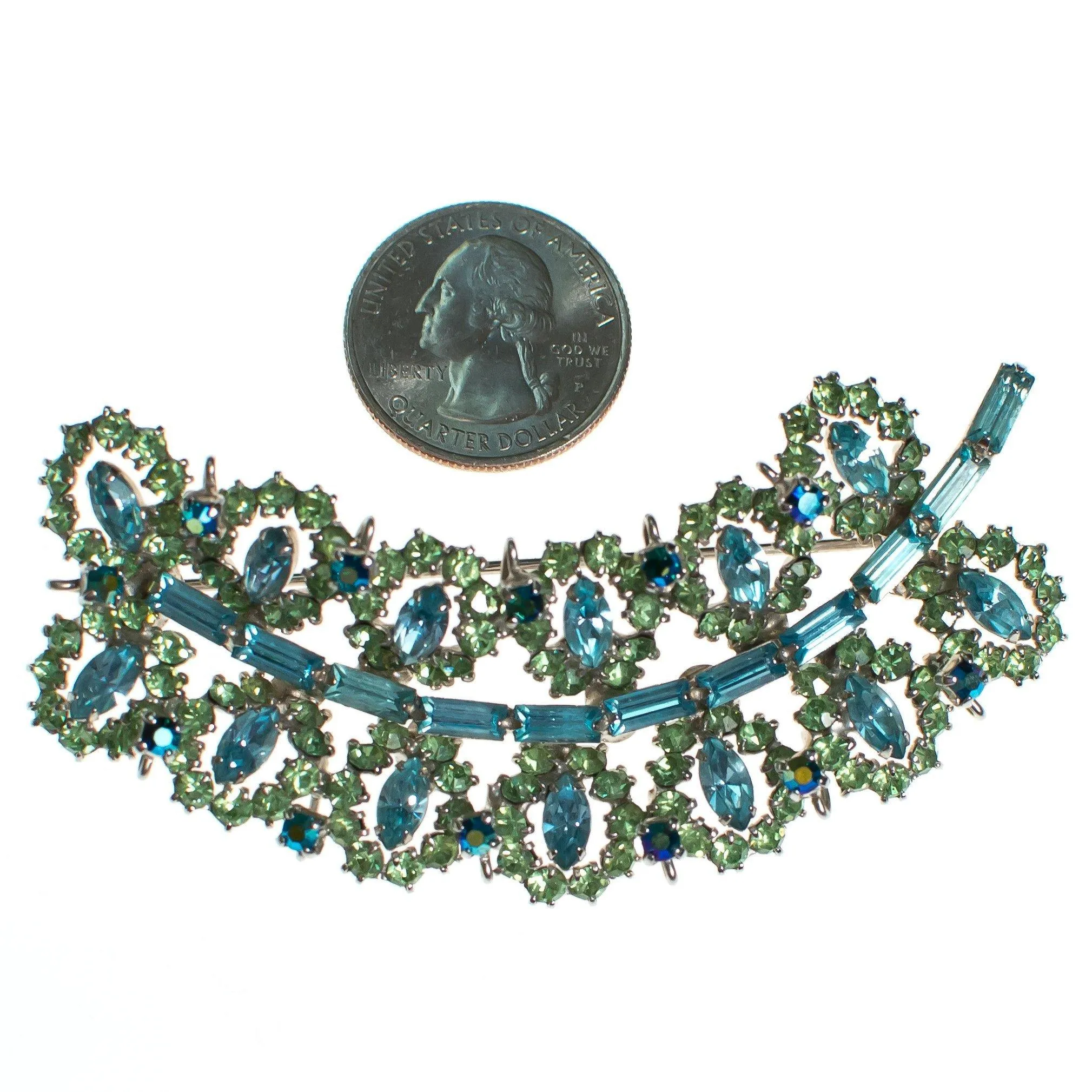 Vintage Rhinestone Brooch, Pastel Blue and Green Rhinestones, Pin