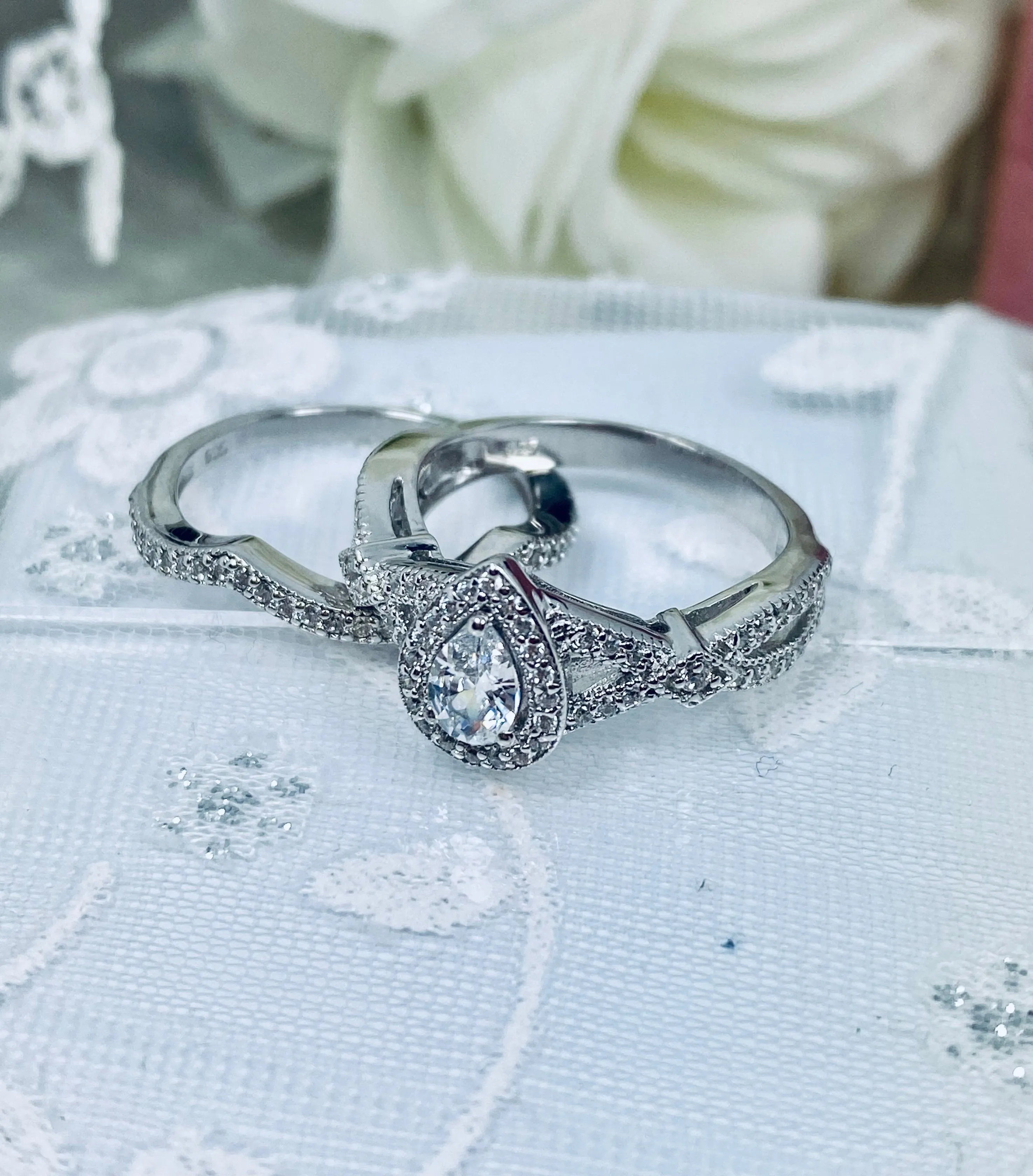 Wedding Band set, White CZ Ring & Band, Infinity Flame Ring with Matching Band, D312