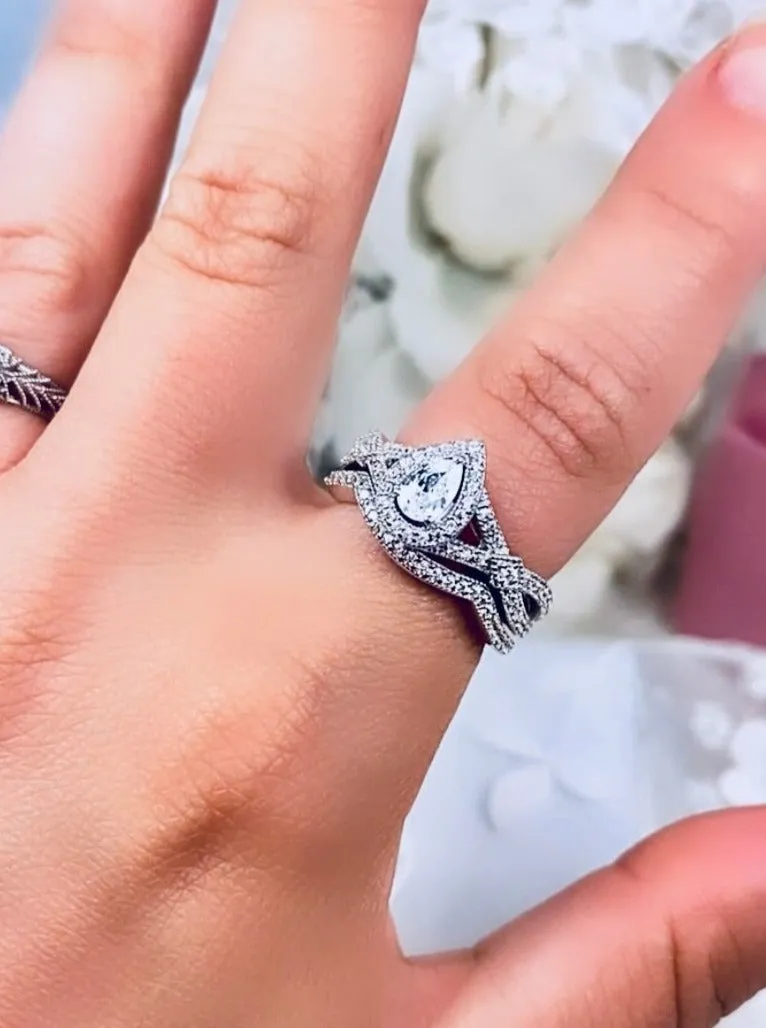 Wedding Band set, White CZ Ring & Band, Infinity Flame Ring with Matching Band, D312