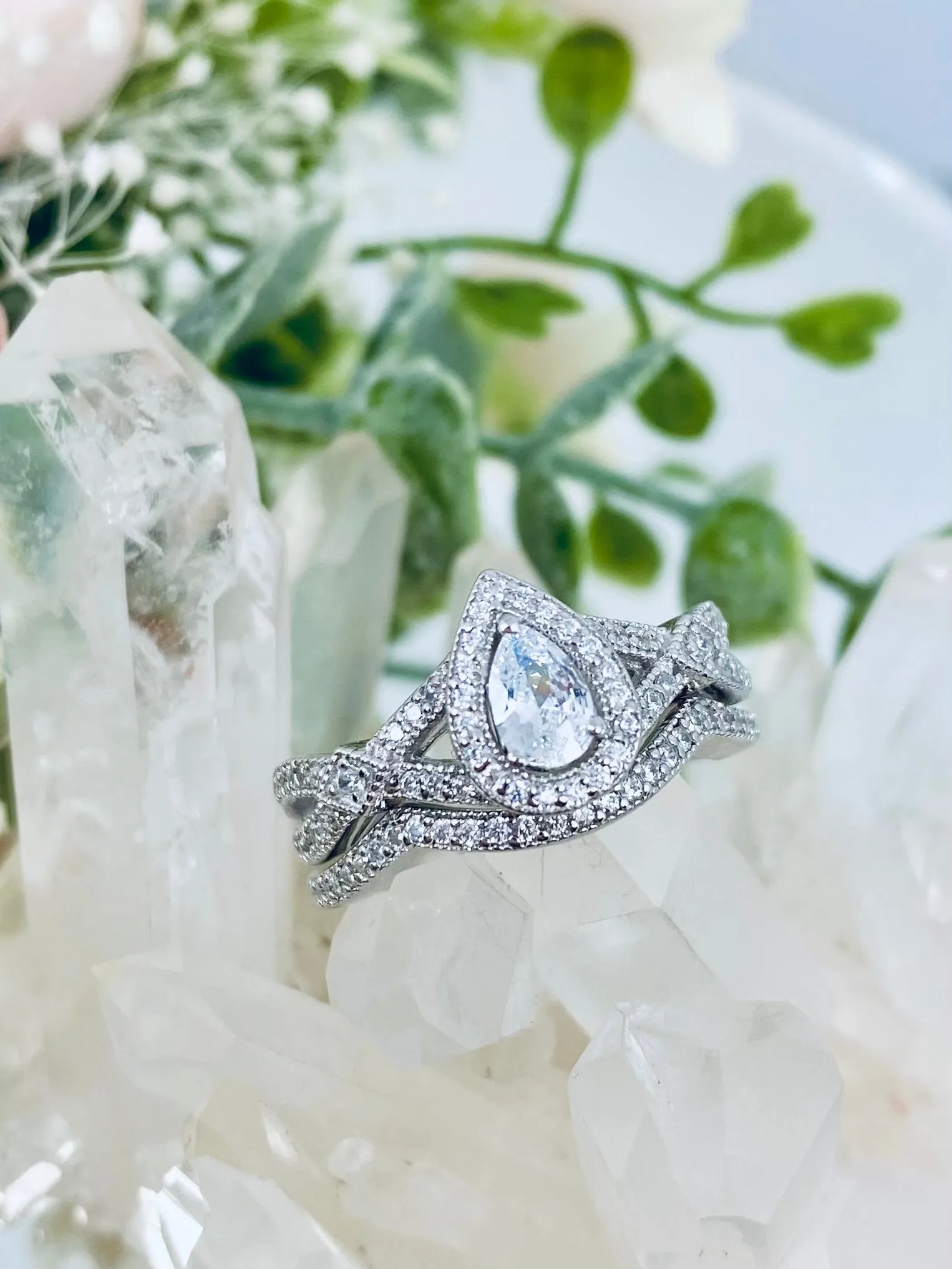 Wedding Band set, White CZ Ring & Band, Infinity Flame Ring with Matching Band, D312