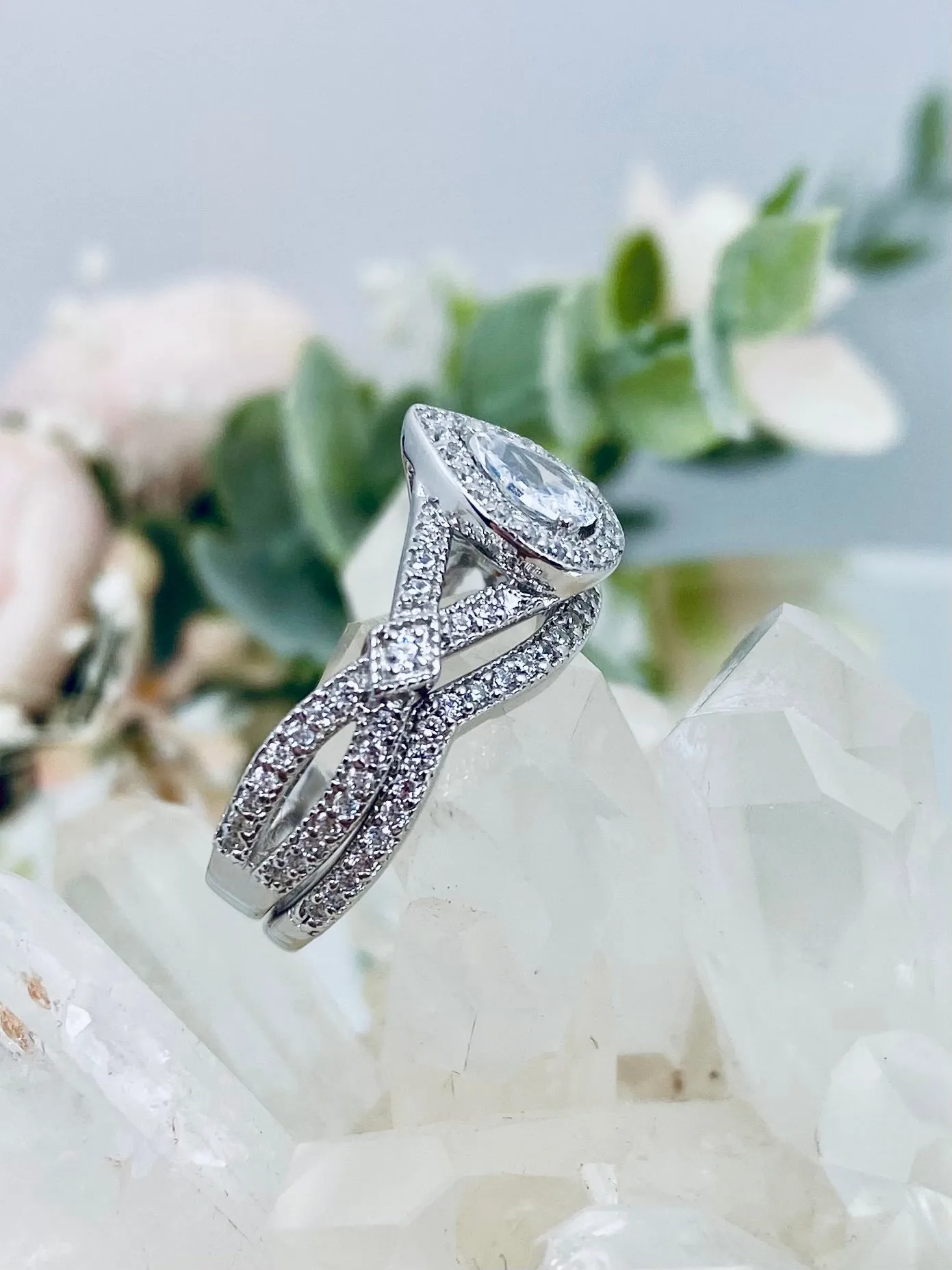 Wedding Band set, White CZ Ring & Band, Infinity Flame Ring with Matching Band, D312