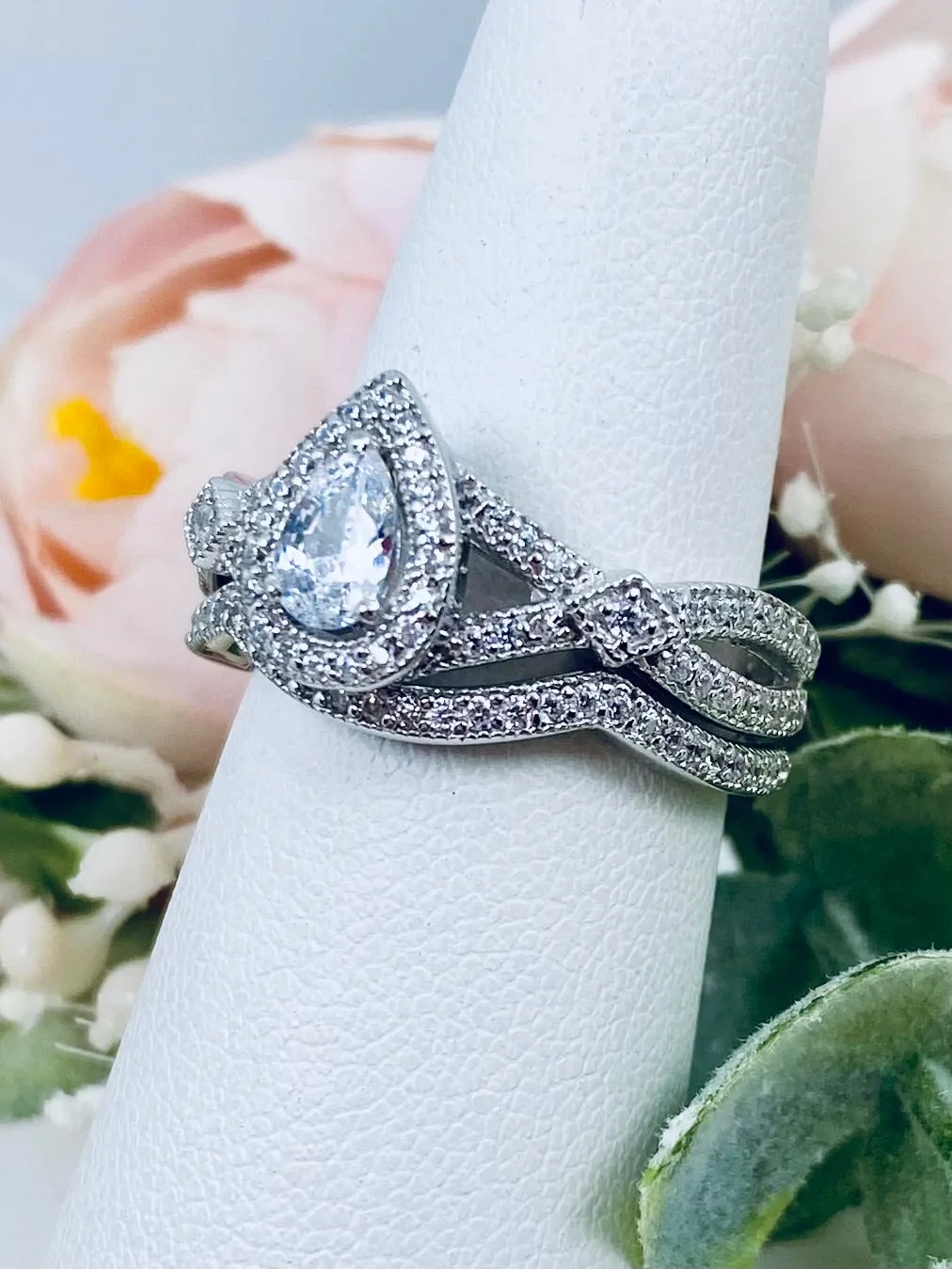 Wedding Band set, White CZ Ring & Band, Infinity Flame Ring with Matching Band, D312