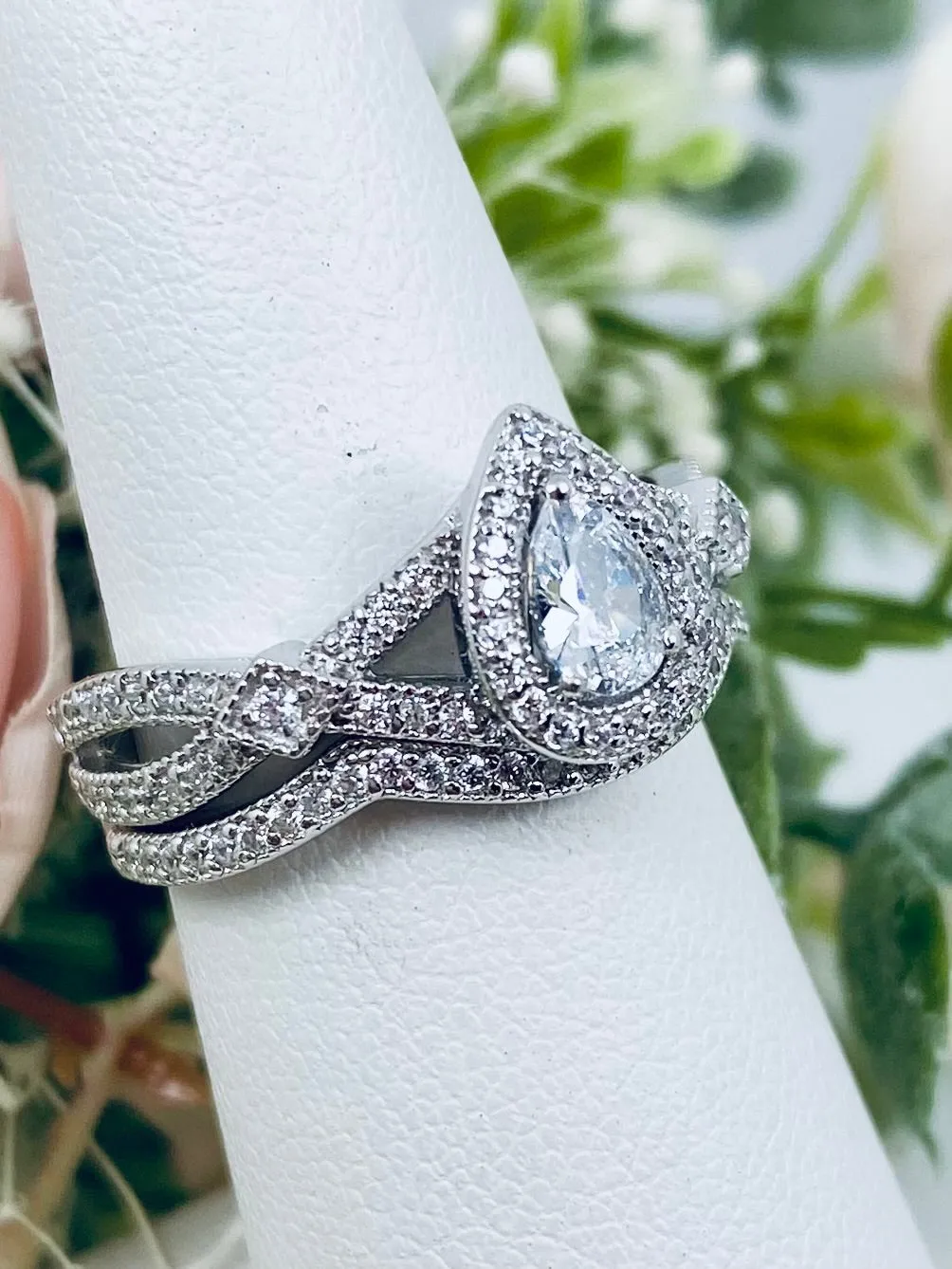 Wedding Band set, White CZ Ring & Band, Infinity Flame Ring with Matching Band, D312
