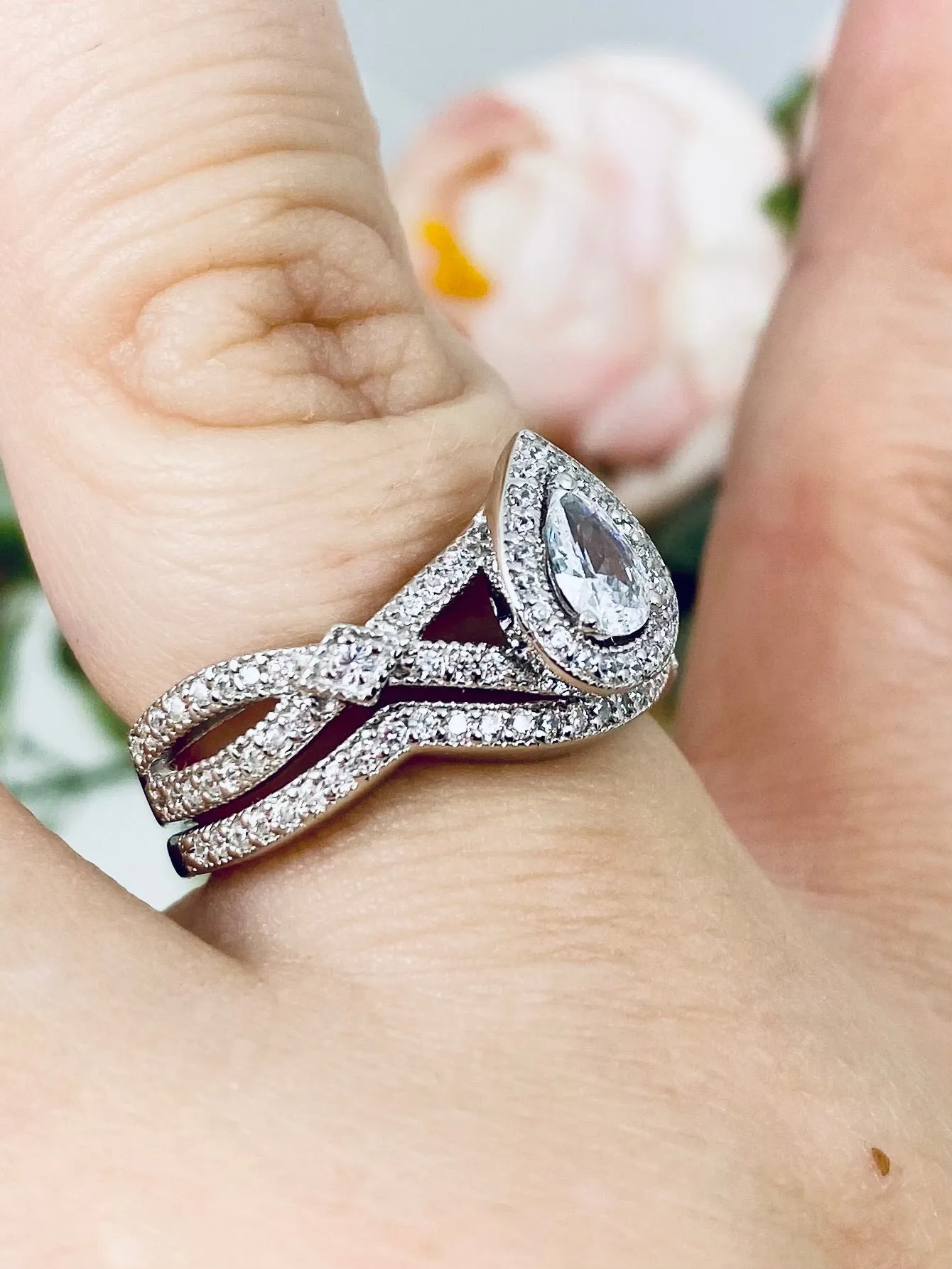 Wedding Band set, White CZ Ring & Band, Infinity Flame Ring with Matching Band, D312