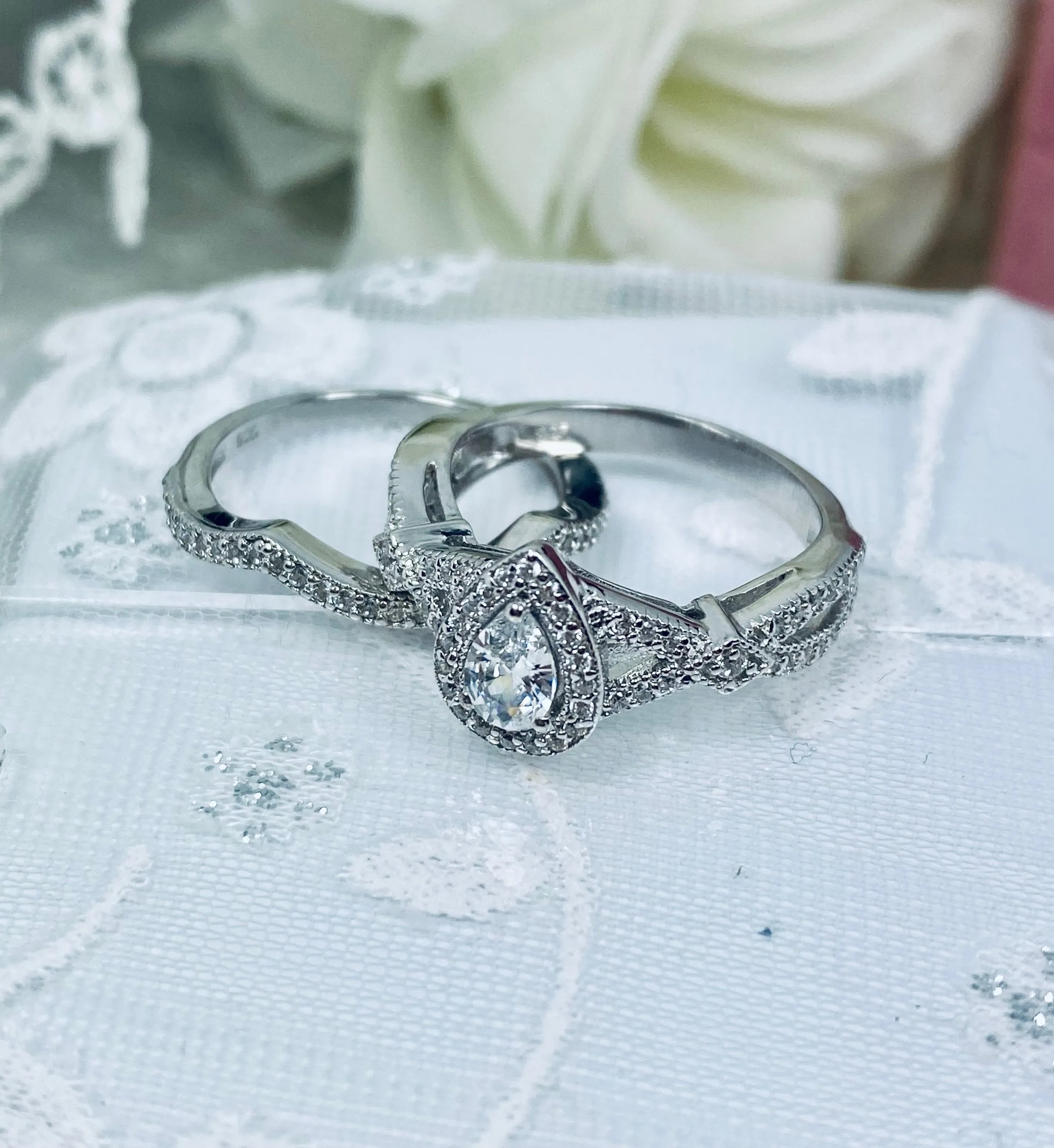 Wedding Band set, White CZ Ring & Band, Infinity Flame Ring with Matching Band, D312