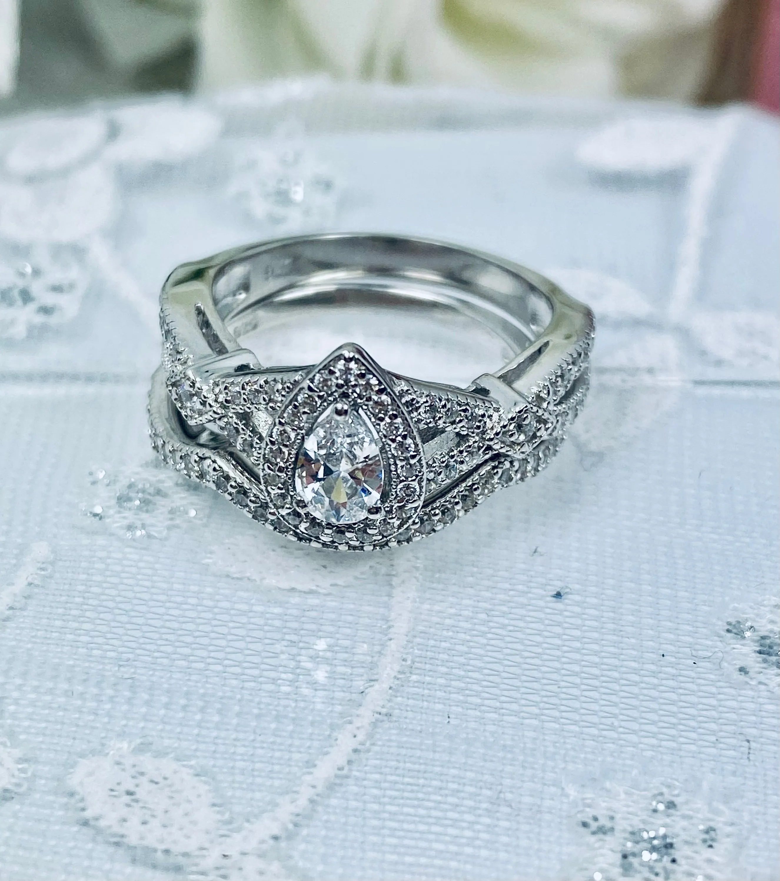 Wedding Band set, White CZ Ring & Band, Infinity Flame Ring with Matching Band, D312