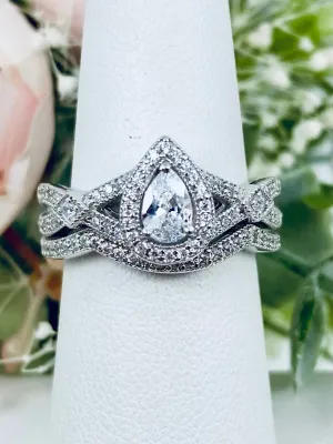 Wedding Band set, White CZ Ring & Band, Infinity Flame Ring with Matching Band, D312