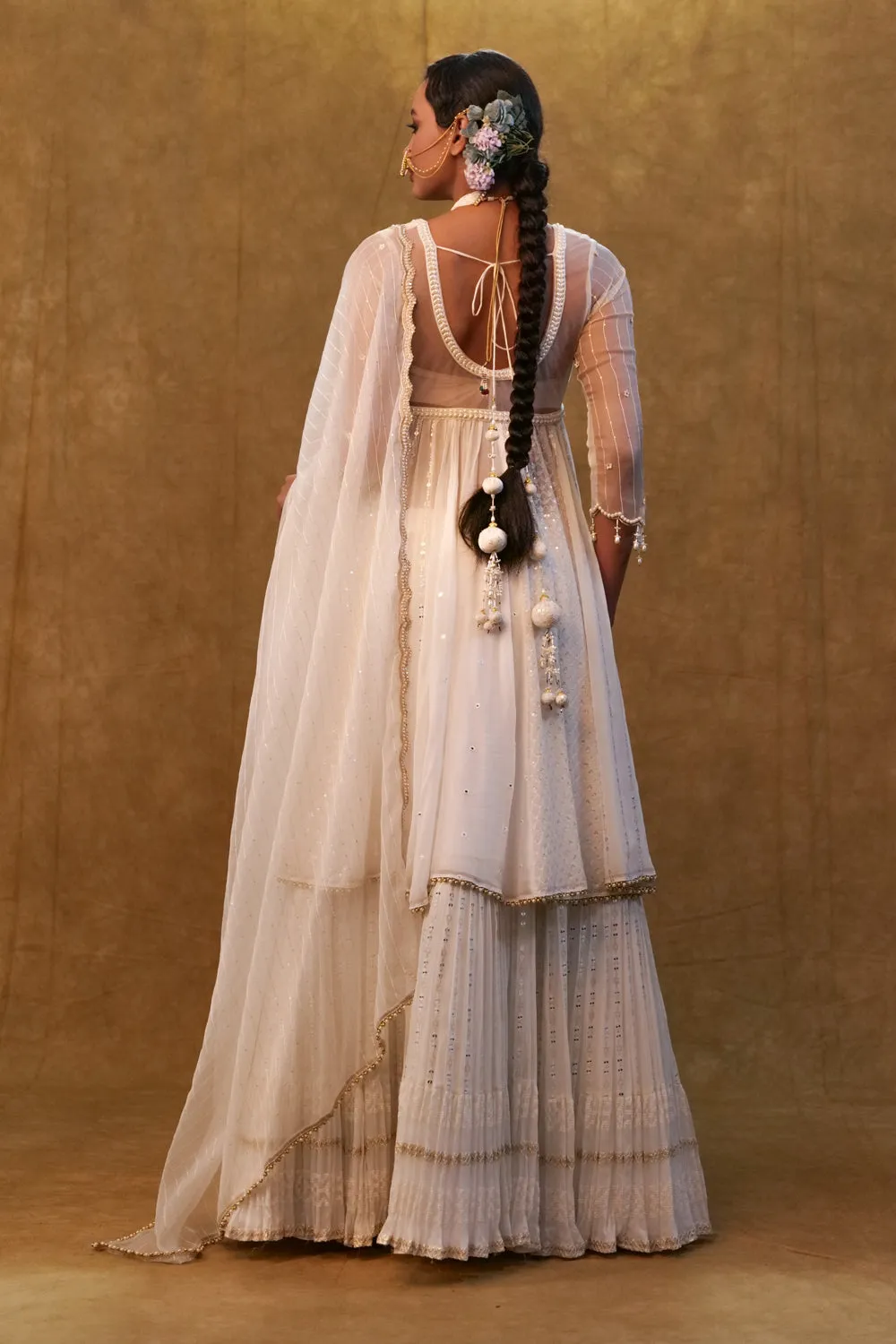 White Anarkali Set Paired With Skirt And Dupatta