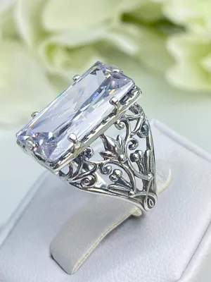 White CZ Ring, Baguette Gem, Floral Leaf Filigree, Victorian Jewelry, D32