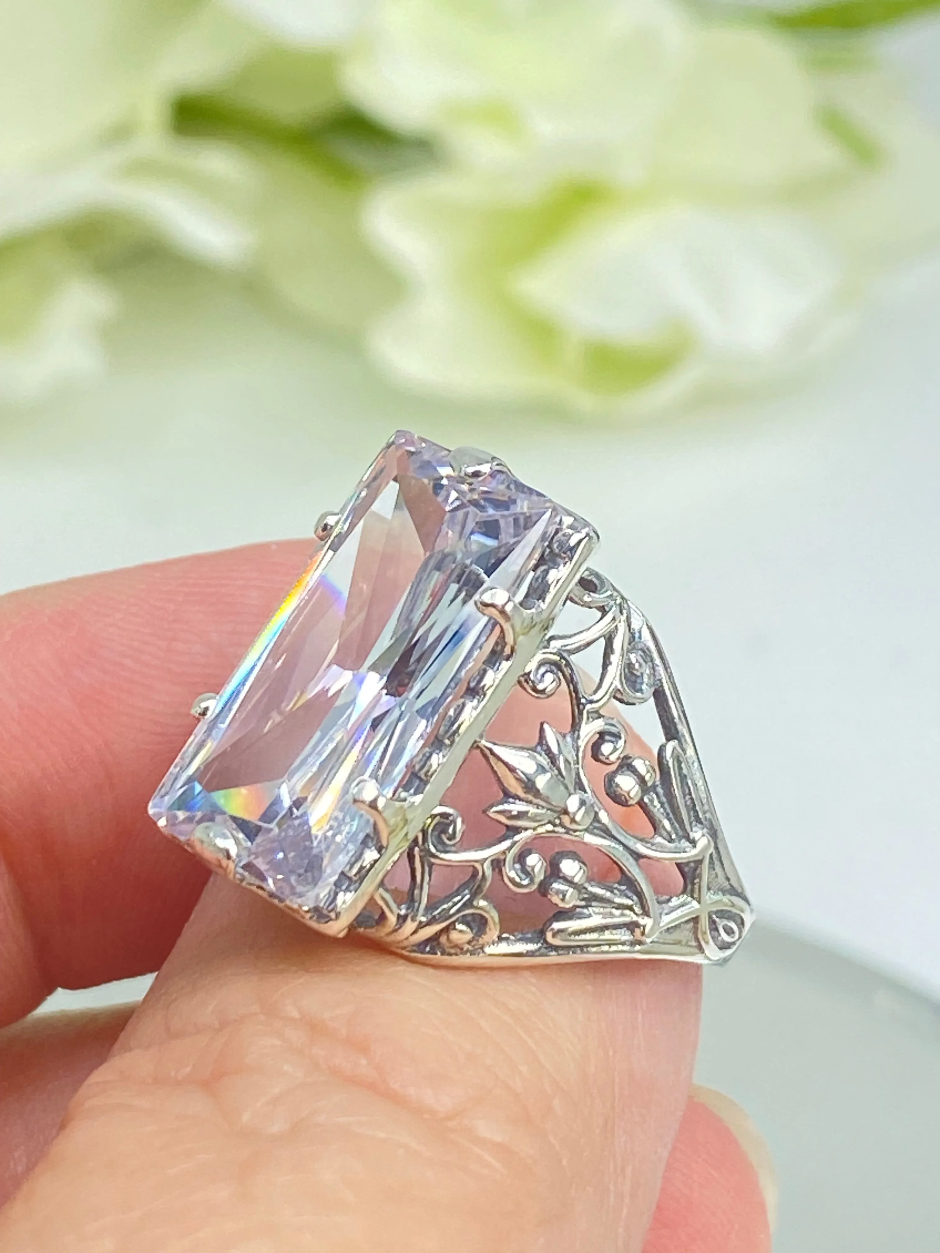 White CZ Ring, Baguette Gem, Floral Leaf Filigree, Victorian Jewelry, D32