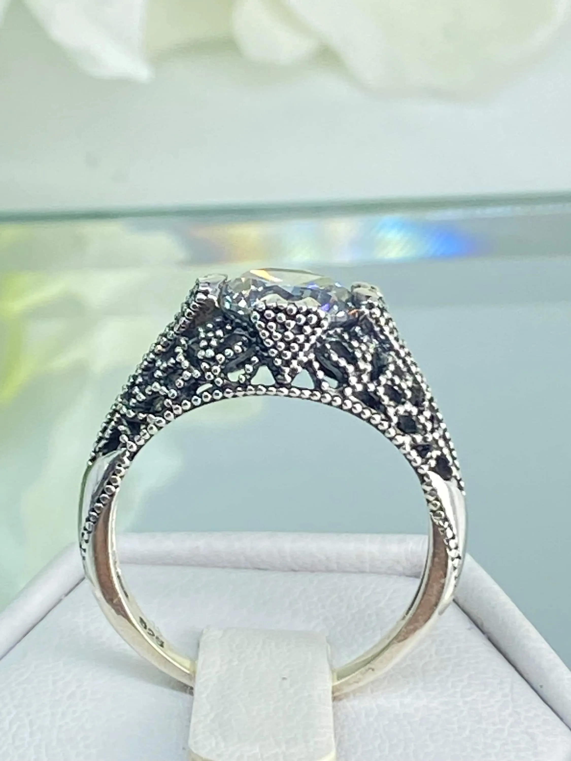 White CZ Ring, Classic Silver Filigree Jewelry, D179
