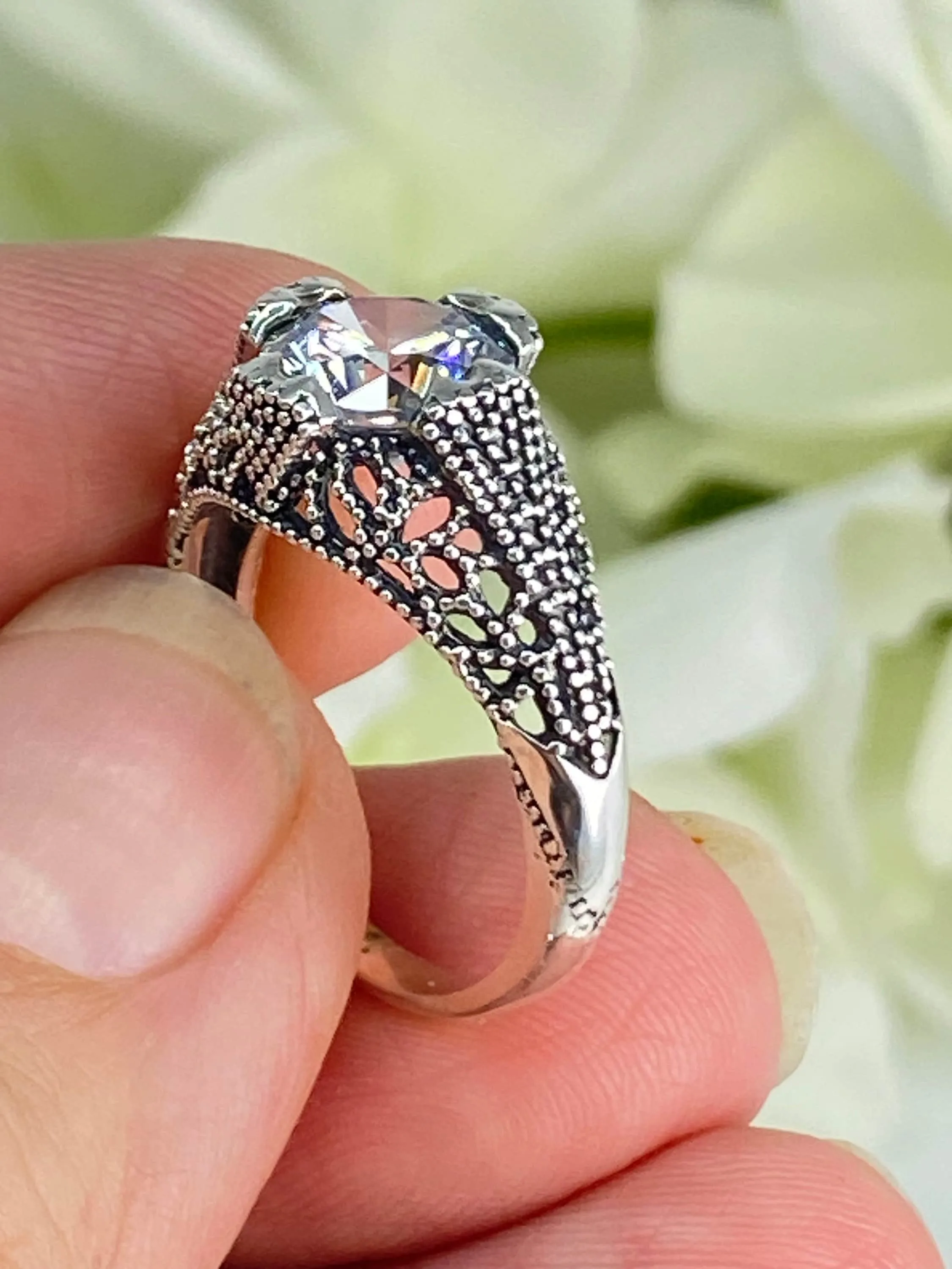 White CZ Ring, Classic Silver Filigree Jewelry, D179