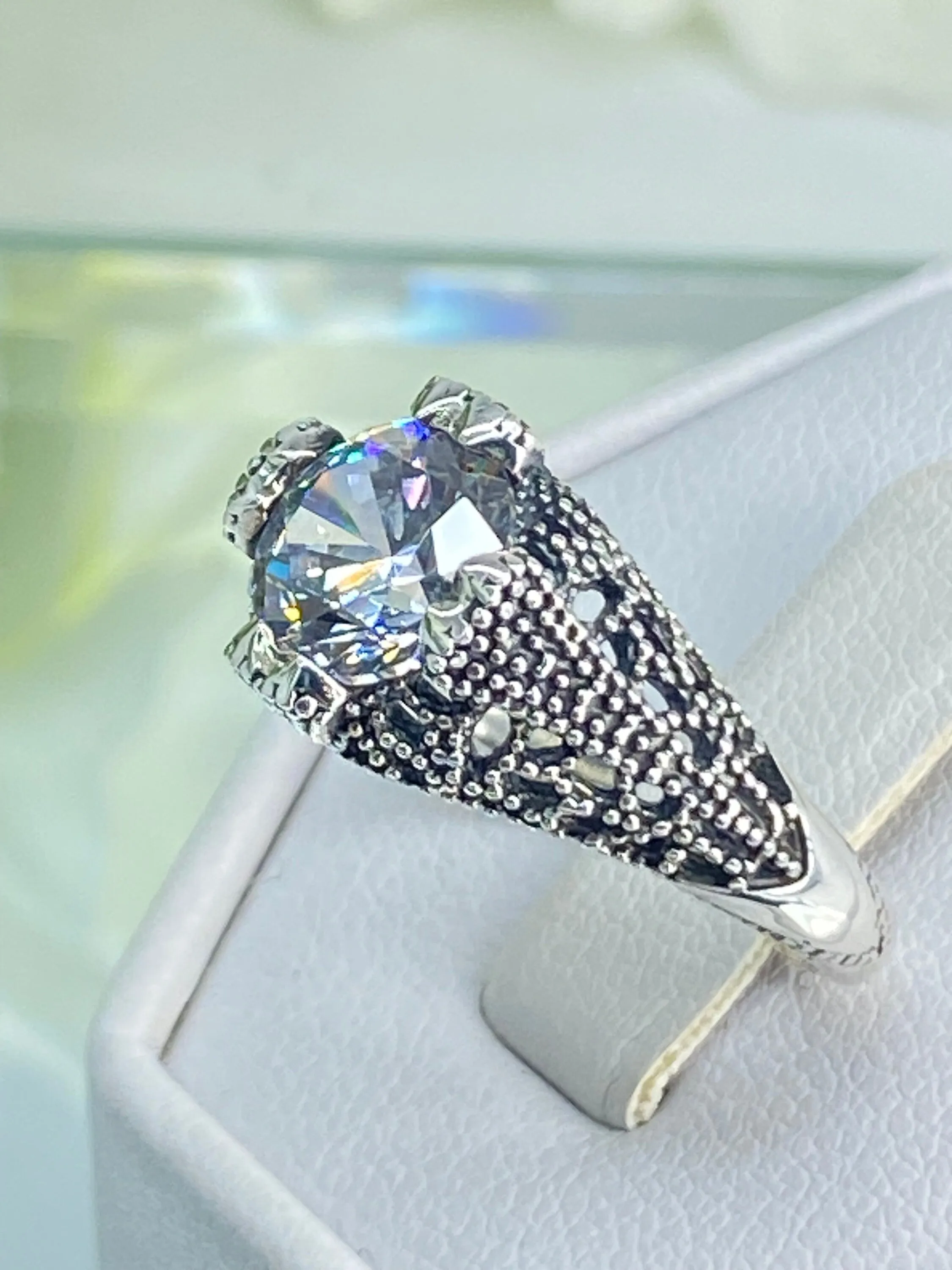 White CZ Ring, Classic Silver Filigree Jewelry, D179