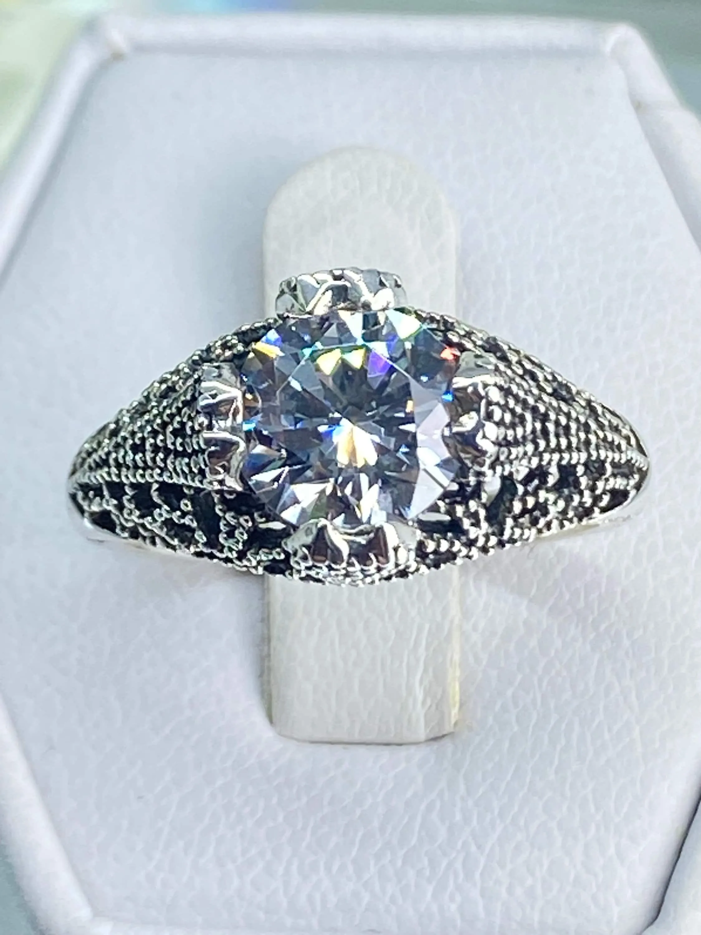 White CZ Ring, Classic Silver Filigree Jewelry, D179