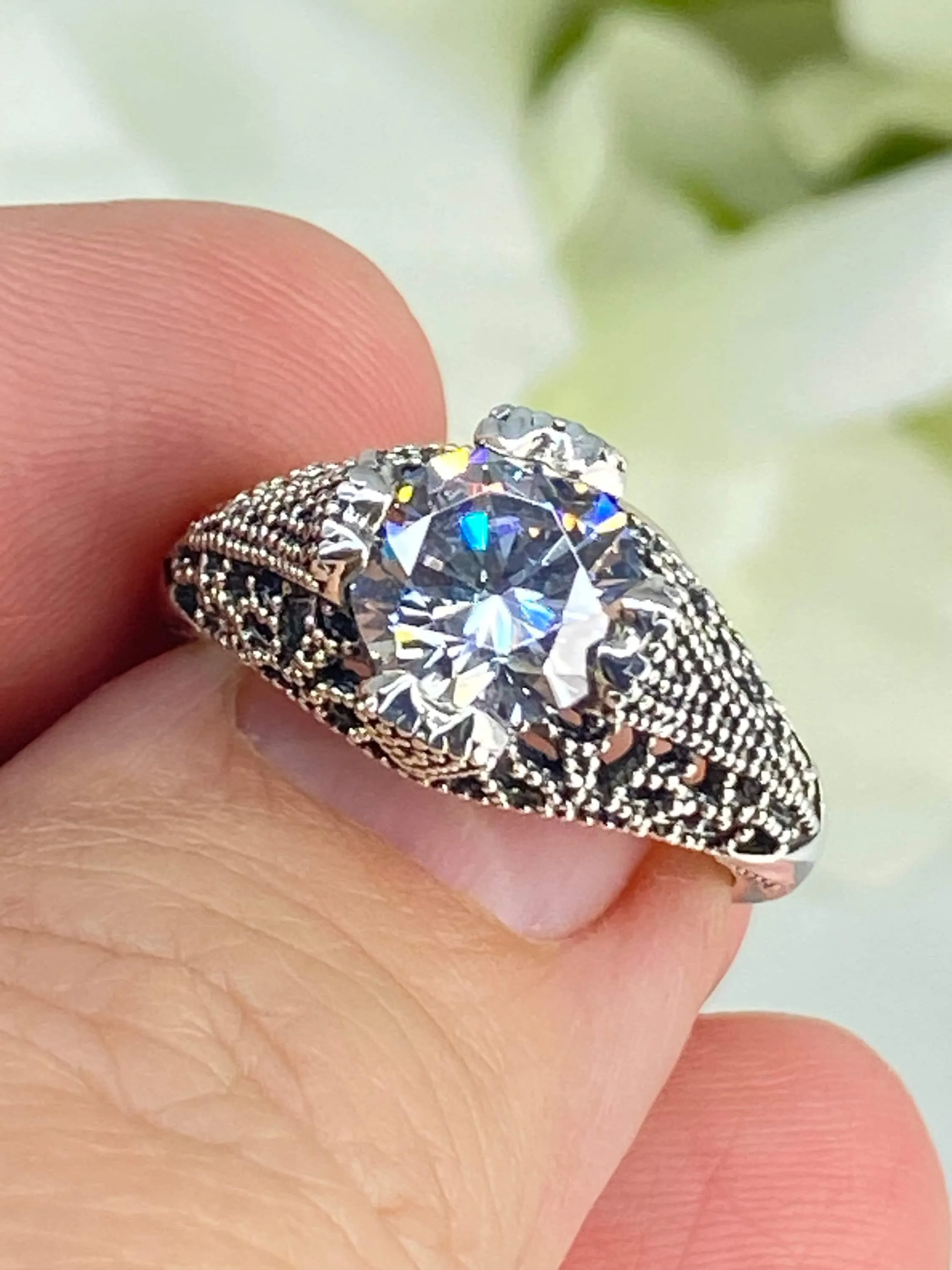 White CZ Ring, Classic Silver Filigree Jewelry, D179
