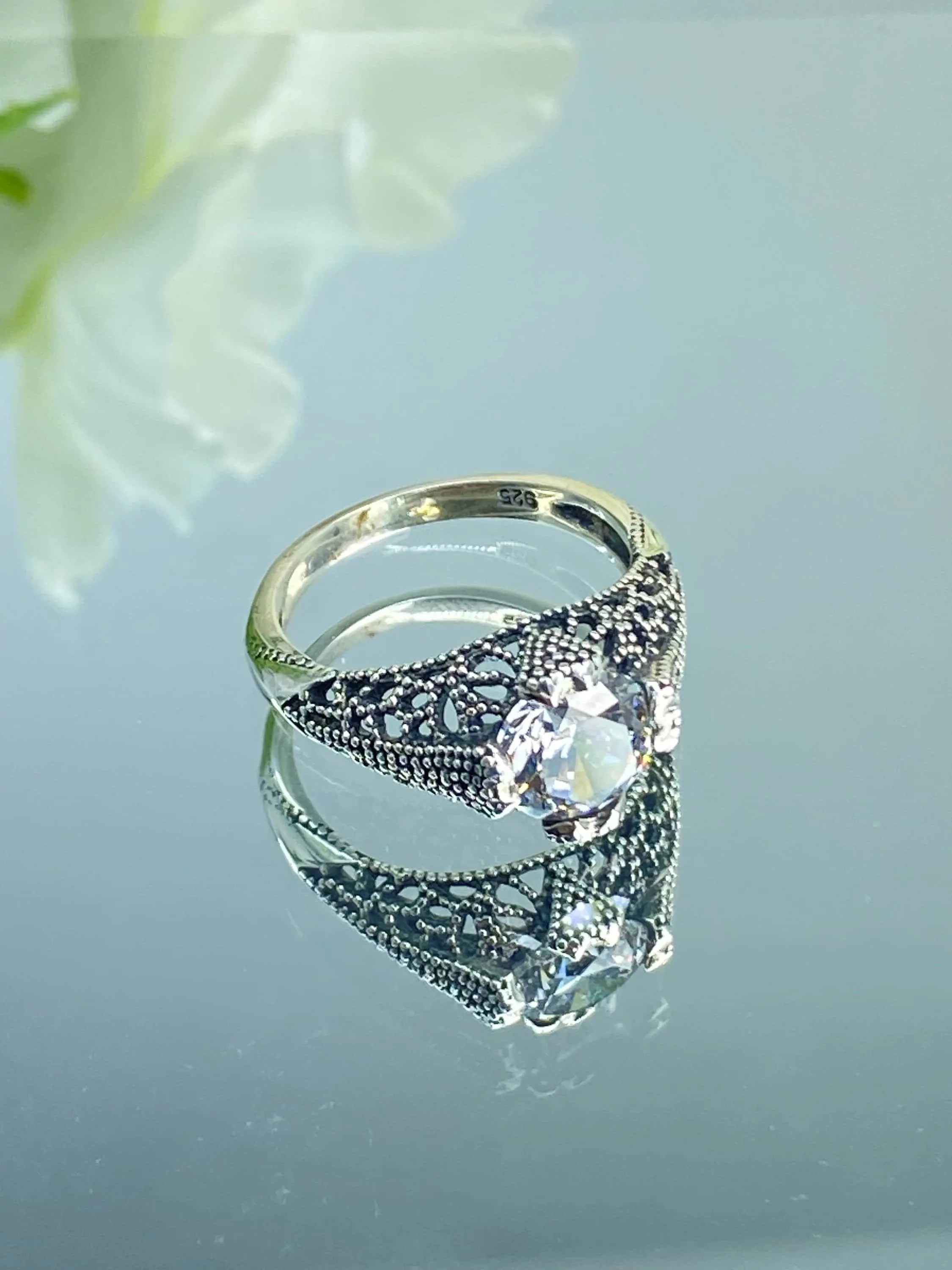 White CZ Ring, Classic Silver Filigree Jewelry, D179