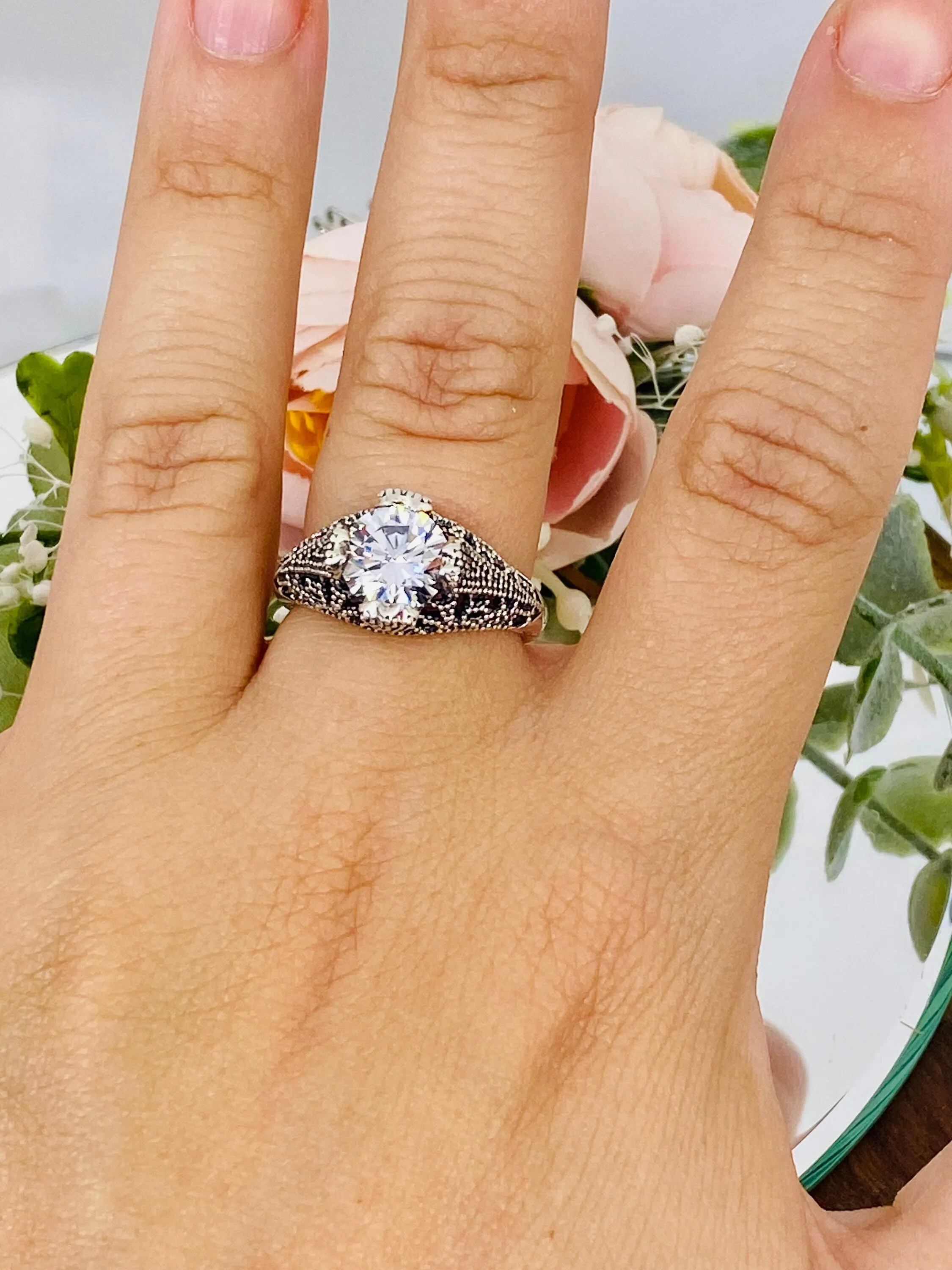 White CZ Ring, Classic Silver Filigree Jewelry, D179