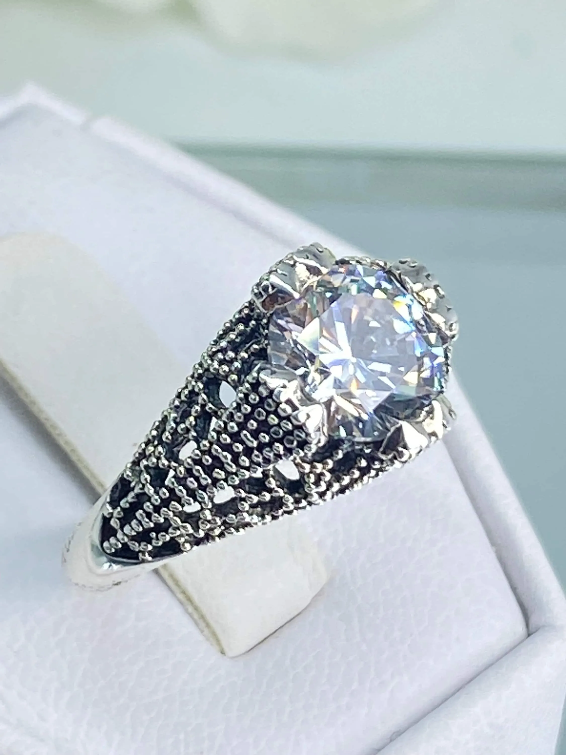 White CZ Ring, Classic Silver Filigree Jewelry, D179