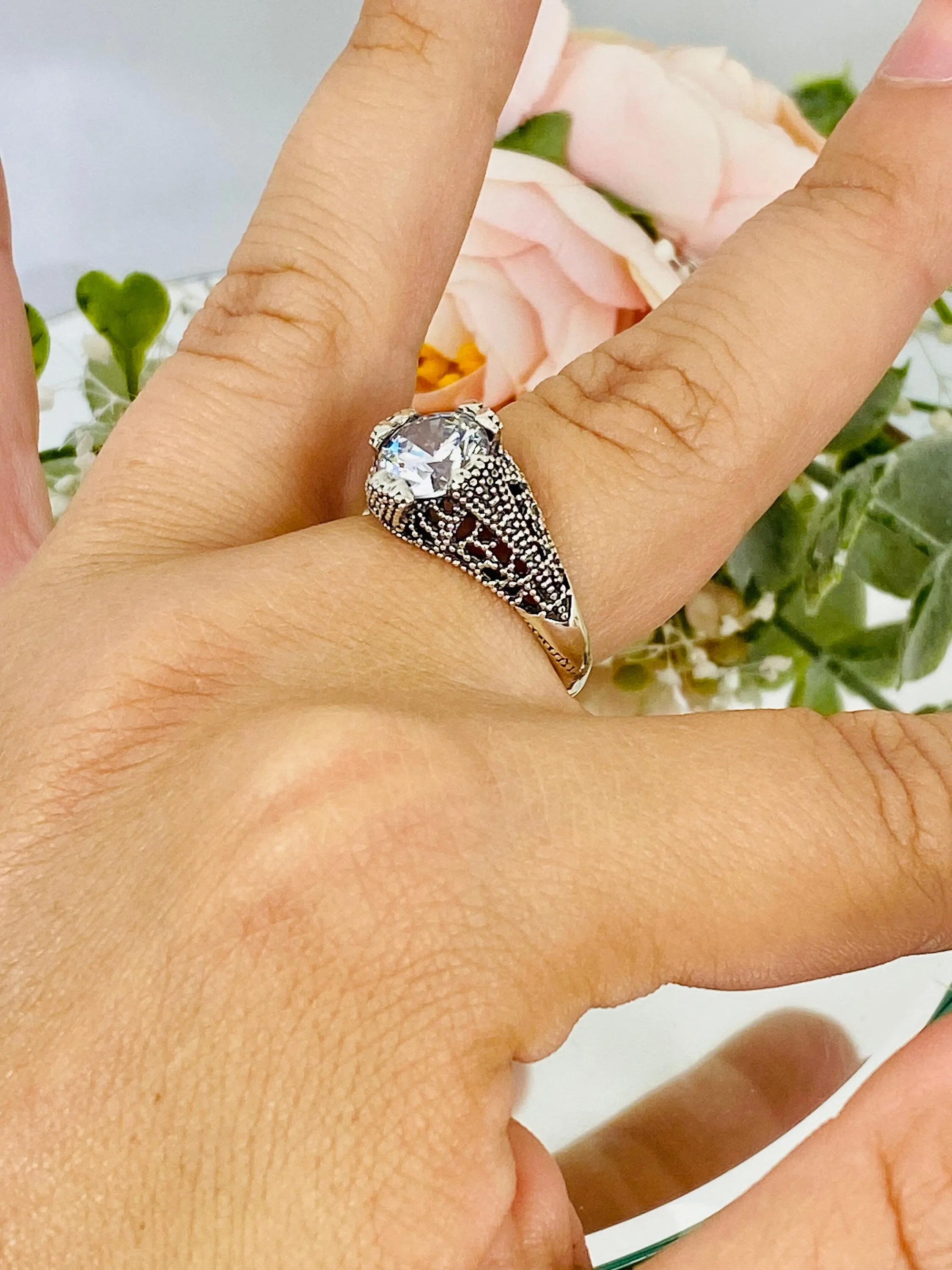 White CZ Ring, Classic Silver Filigree Jewelry, D179