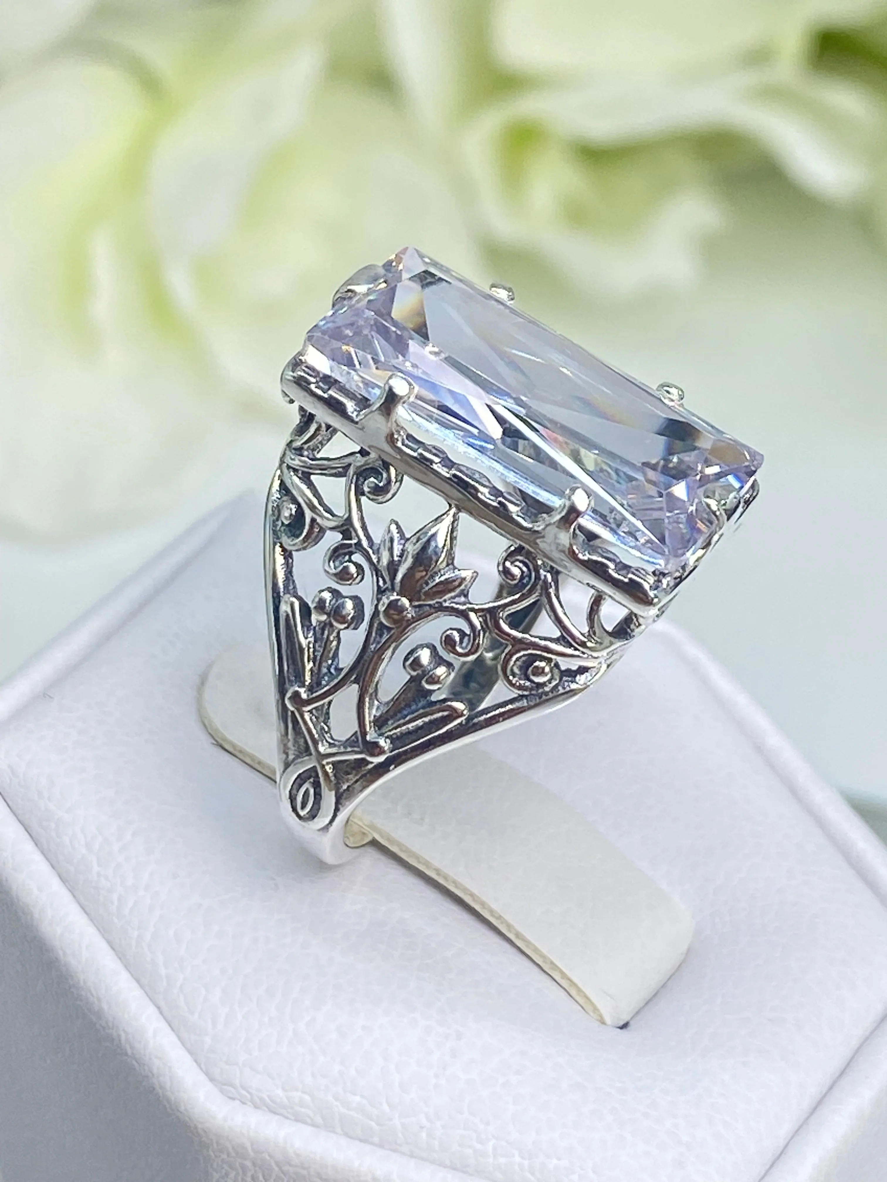 White CZ Ring, Size 5, Baguette Gem, Floral Leaf Filigree, Victorian Jewelry, D32 - Ready to Ship